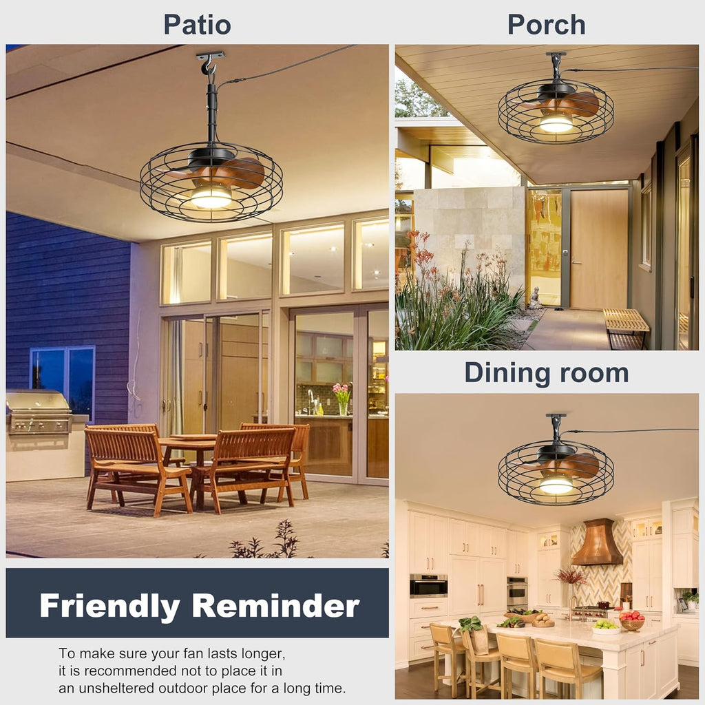 Coolbull Plug and Play Outdoor Ceiling Fans with Lights, 20'' Wet Rated Gazebo Fan Remote/APP Control, Dimmable Hanging Fan for Patio Pergola, Wood Color