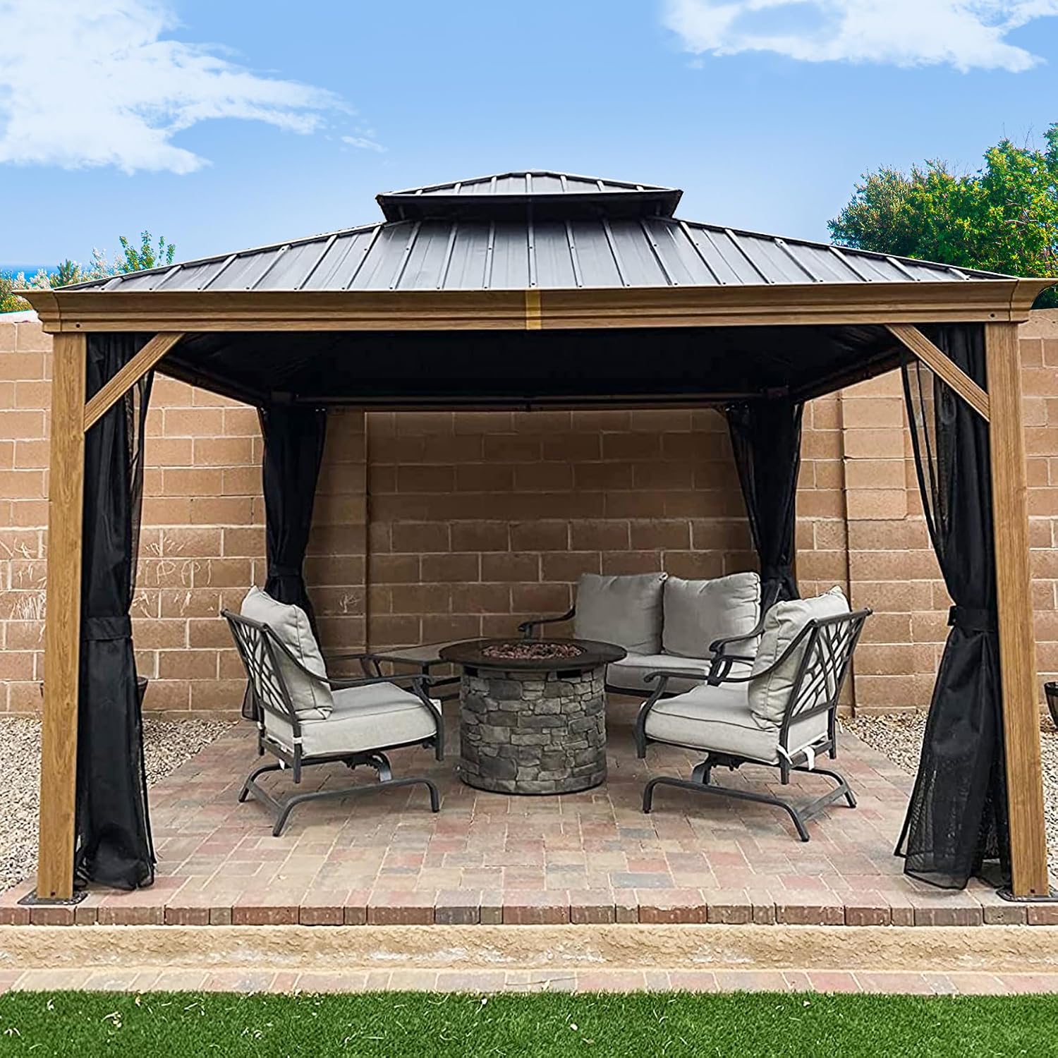 Domi Hardtop Gazebo 12x12FT, Outdoor Gazebo with Galvanized Steel Double Roof, Aluminum Frame, Built-in Gutter System, Curtain and Netting, Metal Gazebo Pavilion for Patio Deck Garden, Wood-Looking