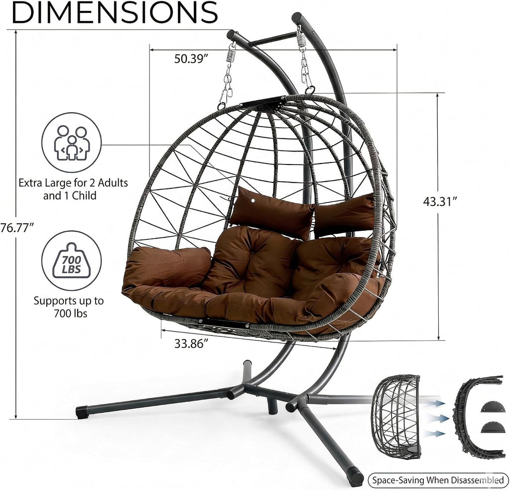 JOYBASE Double Swing Egg Chair with Stand, 2-Person Hanging Egg Chair Wicker Rattan Oversized Swinging Chair for Outdoor Indoor Garden Patio (Brown)