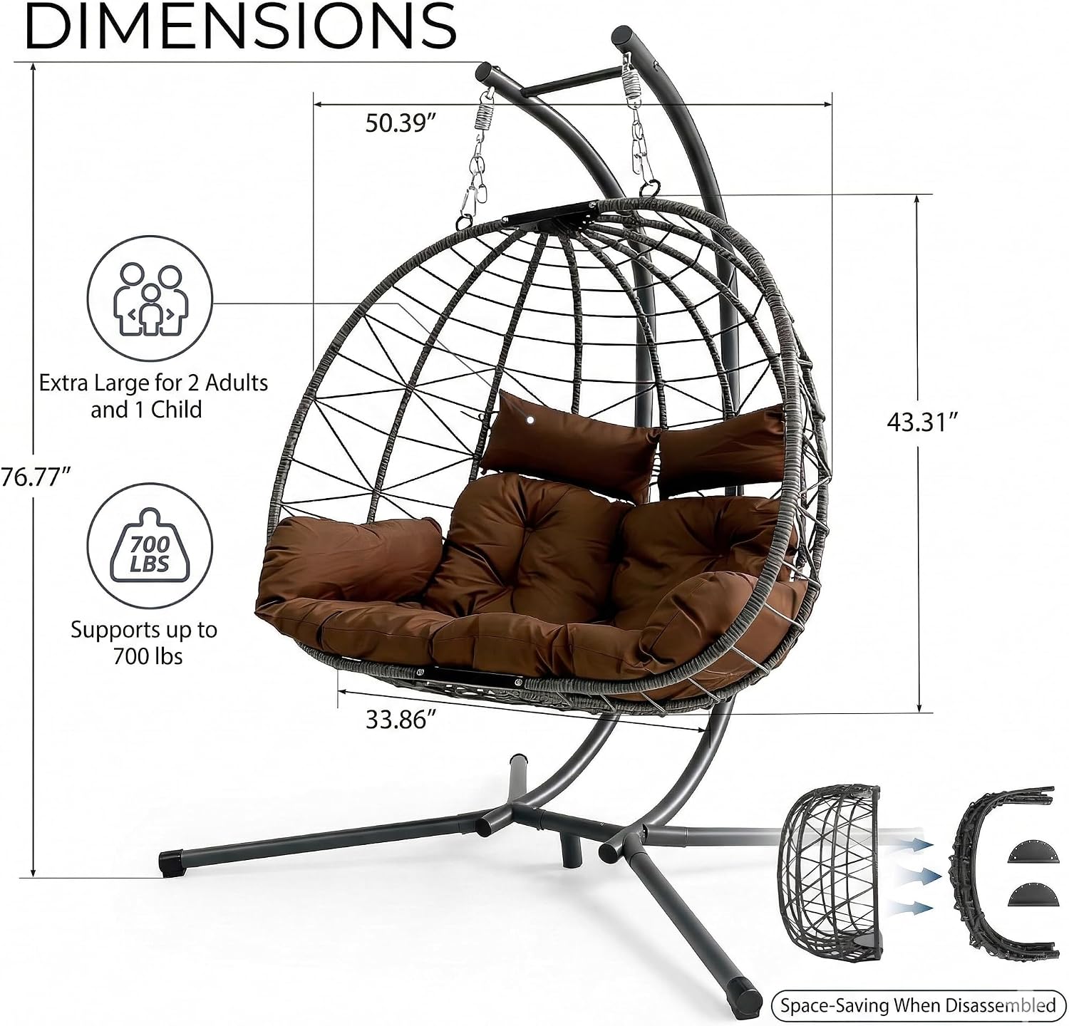 JOYBASE Double Swing Egg Chair with Stand, 2-Person Hanging Egg Chair Wicker Rattan Oversized Swinging Chair for Outdoor Indoor Garden Patio (Brown)