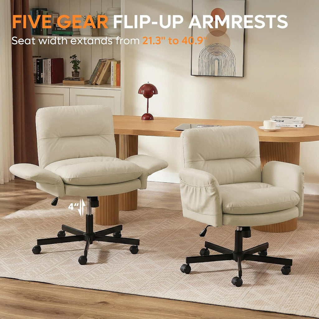 Bestier Criss Cross Office Chair with Flip-Up Armrests, Swivel Makeup Vanity Chair with Wheels & Side Pockets, Cross Legged Office Chair for Home Office, Bedroom, Beige PU Leather