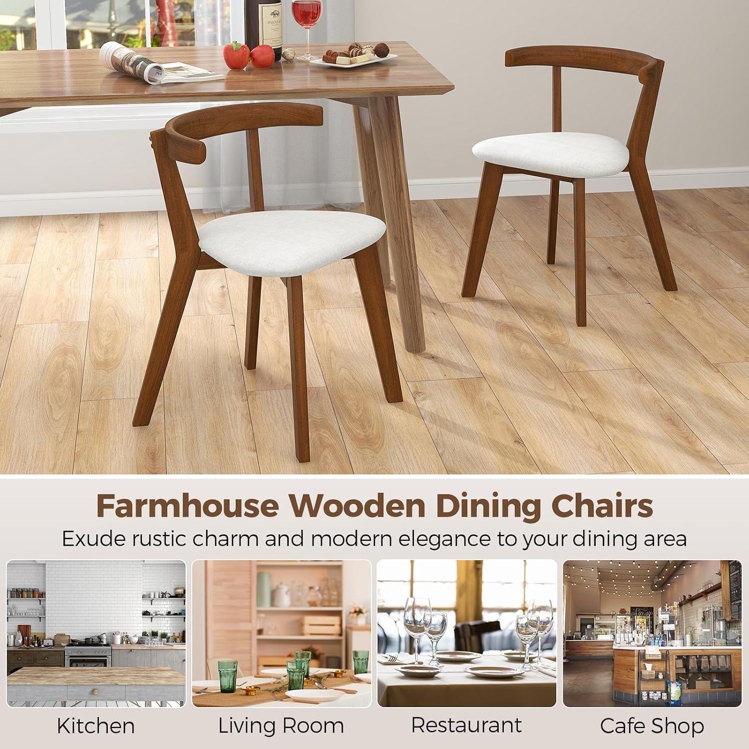 Giantex Wooden Dining Chairs Set of 2, Farmhouse Hanging Kitchen Chairs w/Rubber Wood Frame, Padded Seat, Curve Back, Armless Upholstered Side Chairs for Home Living Room Dining Room, Walnut+Gray