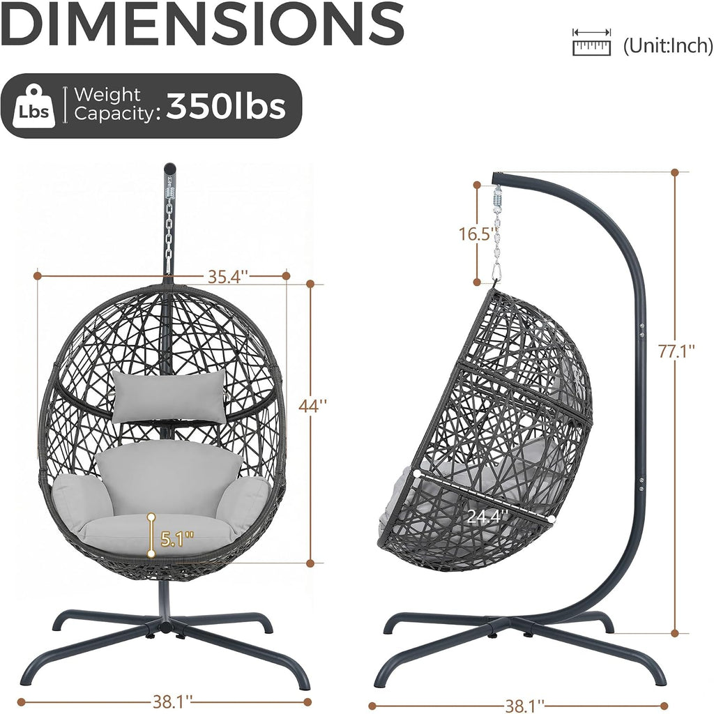 NICESOUL Egg Swing Chair Outdoor Indoor, Boho Style Bird Nest Wicker Swinging Chair with Stand, 350Lbs Comfy Hanging Hammock Chairs with Cushions, All-Weather Egg-Shape Seat for Deck, Garden, Gray
