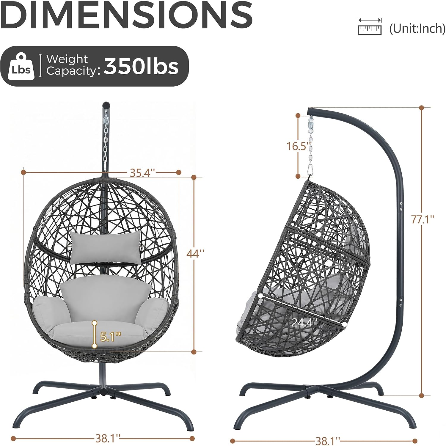 NICESOUL Egg Swing Chair Outdoor Indoor, Boho Style Bird Nest Wicker Swinging Chair with Stand, 350Lbs Comfy Hanging Hammock Chairs with Cushions, All-Weather Egg-Shape Seat for Deck, Garden, Gray