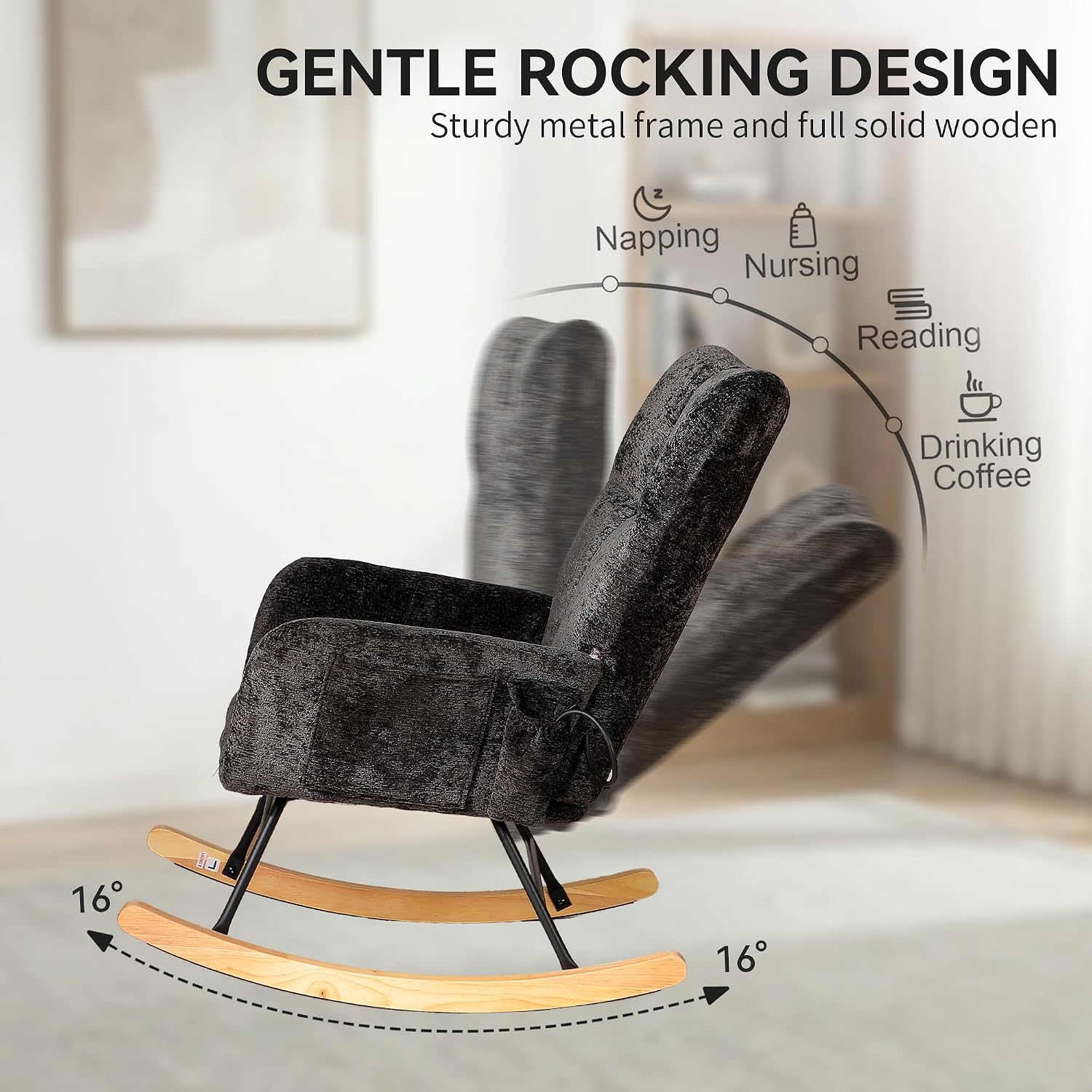 Rocking Chair with Airbag, Comfy Modern Reading & Nursing Nursery Rocking Chair indoor, Cozy Upholstered Glider Rocker Chairs with High Backrest for Living Room Bedroom Offices(Chenille, Black)