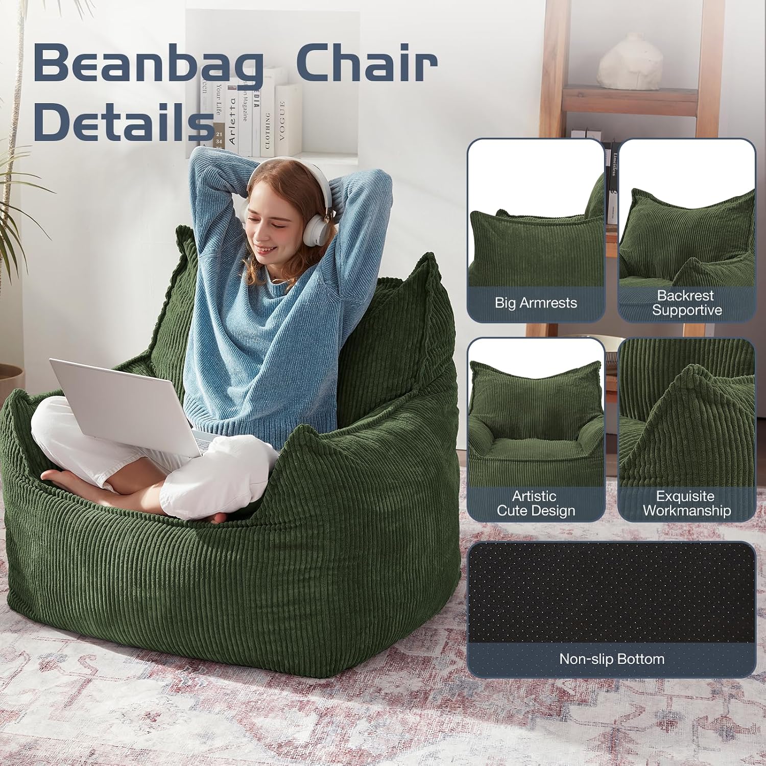 EBENCHICO Giant Bean Bag Chair Sofa for Adults Teens, Comfy Corduroy Large Bean Bag Chairs with Armrests for Bedroom Living Room, Adult BeanBag Lazy Sofa Couch Chairs with Filler Included