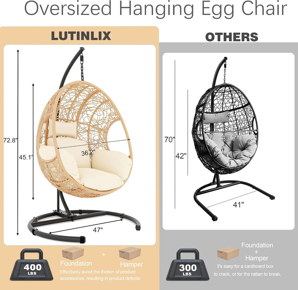 Oversized Hanging Egg Chair Set of 2 Outdoor Indoor, Wicker Swing Egg Chair with Stand 400lbs Capacity for Bedroom, Patio, Garden and Balcony