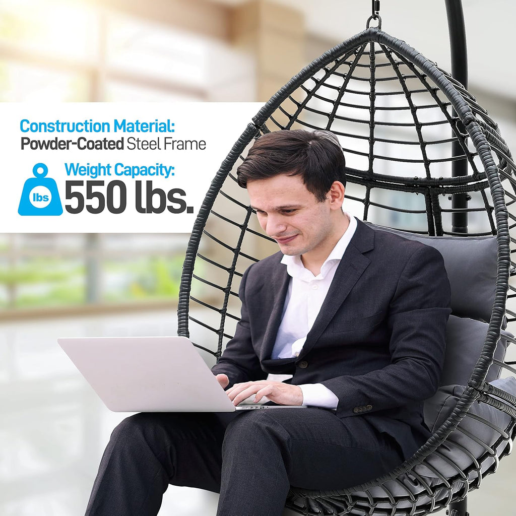 SereneLife Black Wicker Rattan Hanging Egg Chair – Indoor/Outdoor Swing Chair with Washable Cushions, Powder-Coated Steel Frame, Weather-Resistant Hammock Seat for Patio, Porch, Garden