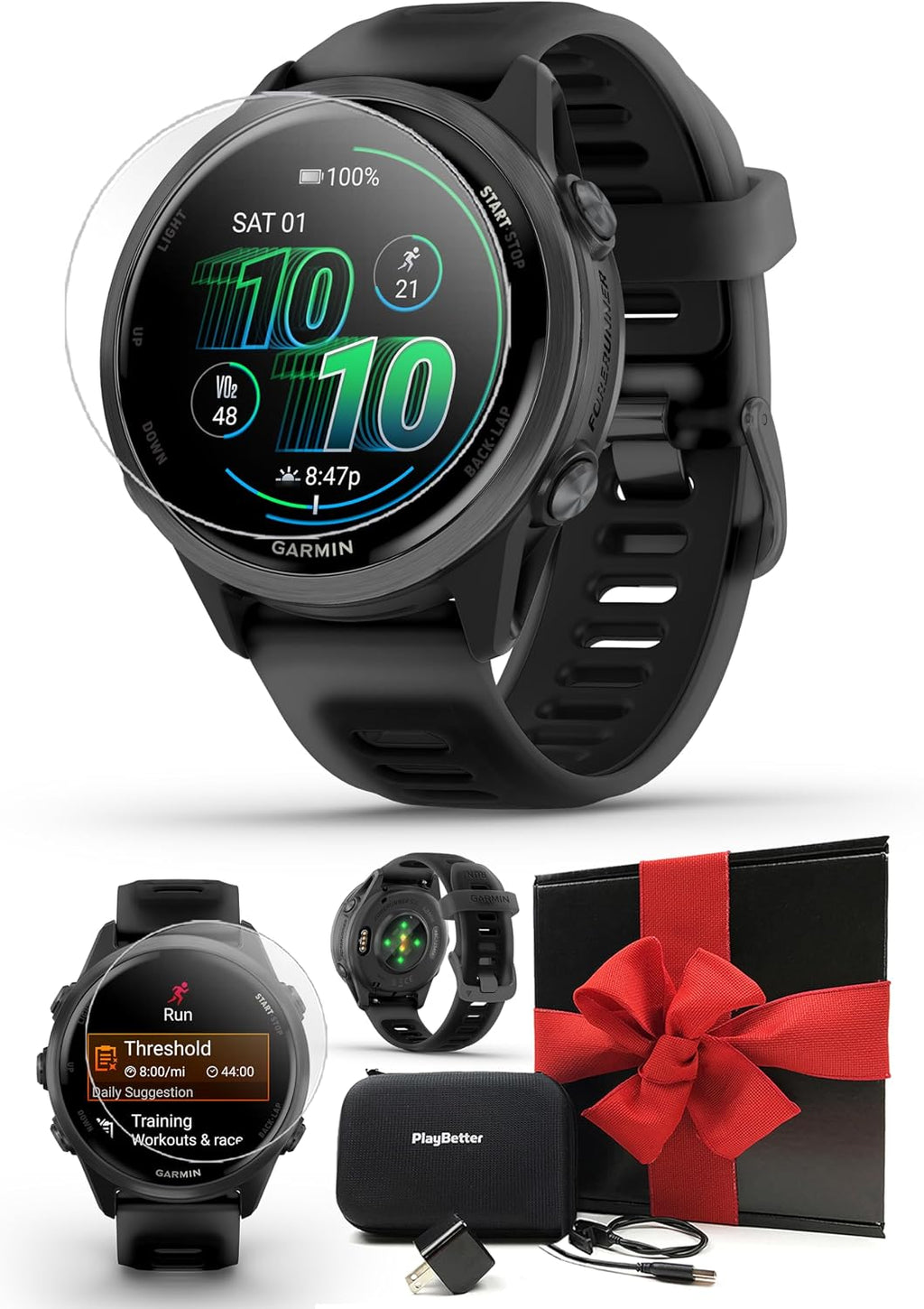 Garmin Forerunner 570 (42 mm, Slate Gray/Translucent Black) Running GPS Smartwatch - AMOLED Display, Training & Recovery - Gift Box Bundle with PlayBetter HD Screen Protectors, Wall Adapter & Case