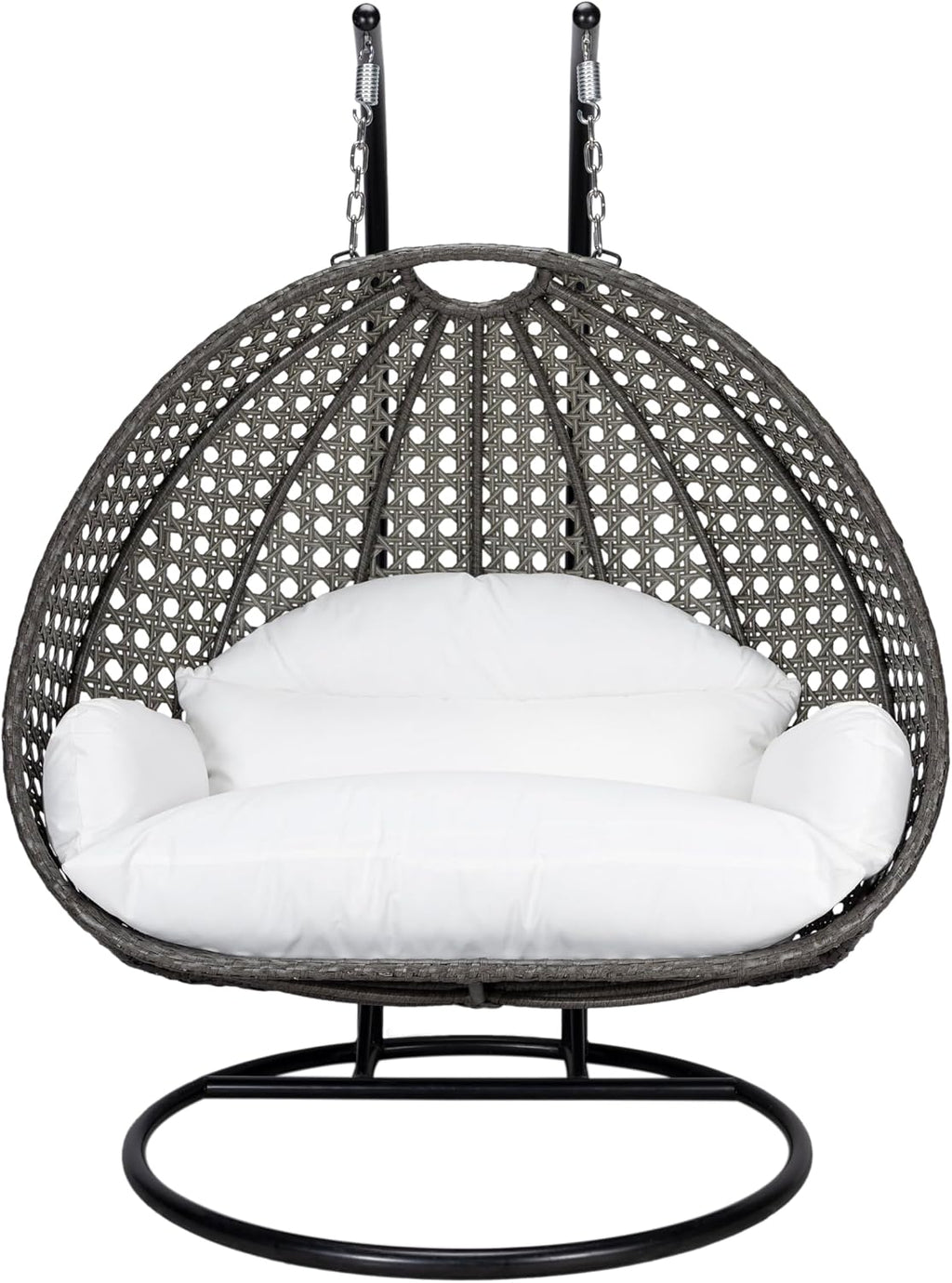 LeisureMod 2 Person Wicker Hanging Egg Chair, Indoor Outdoor Patio Swing with Black Stand & UV-Resistant Cushions, Lounge Chair for Bedroom & Garden, White