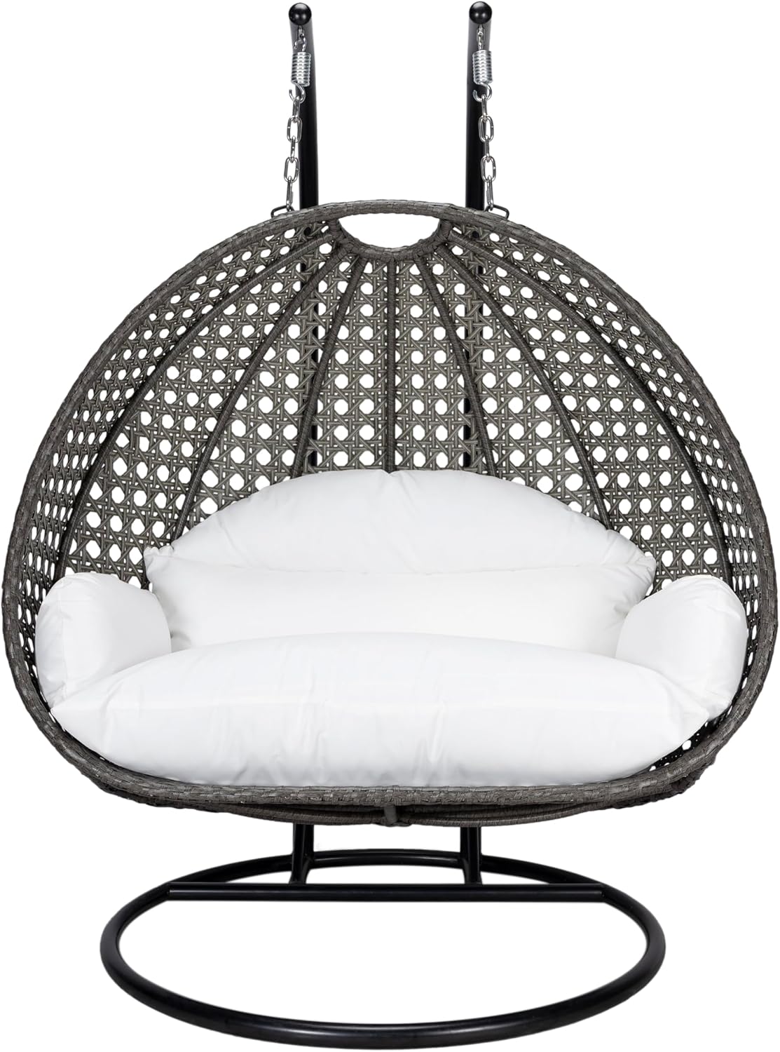 LeisureMod 2 Person Wicker Hanging Egg Chair, Indoor Outdoor Patio Swing with Black Stand & UV-Resistant Cushions, Lounge Chair for Bedroom & Garden, White