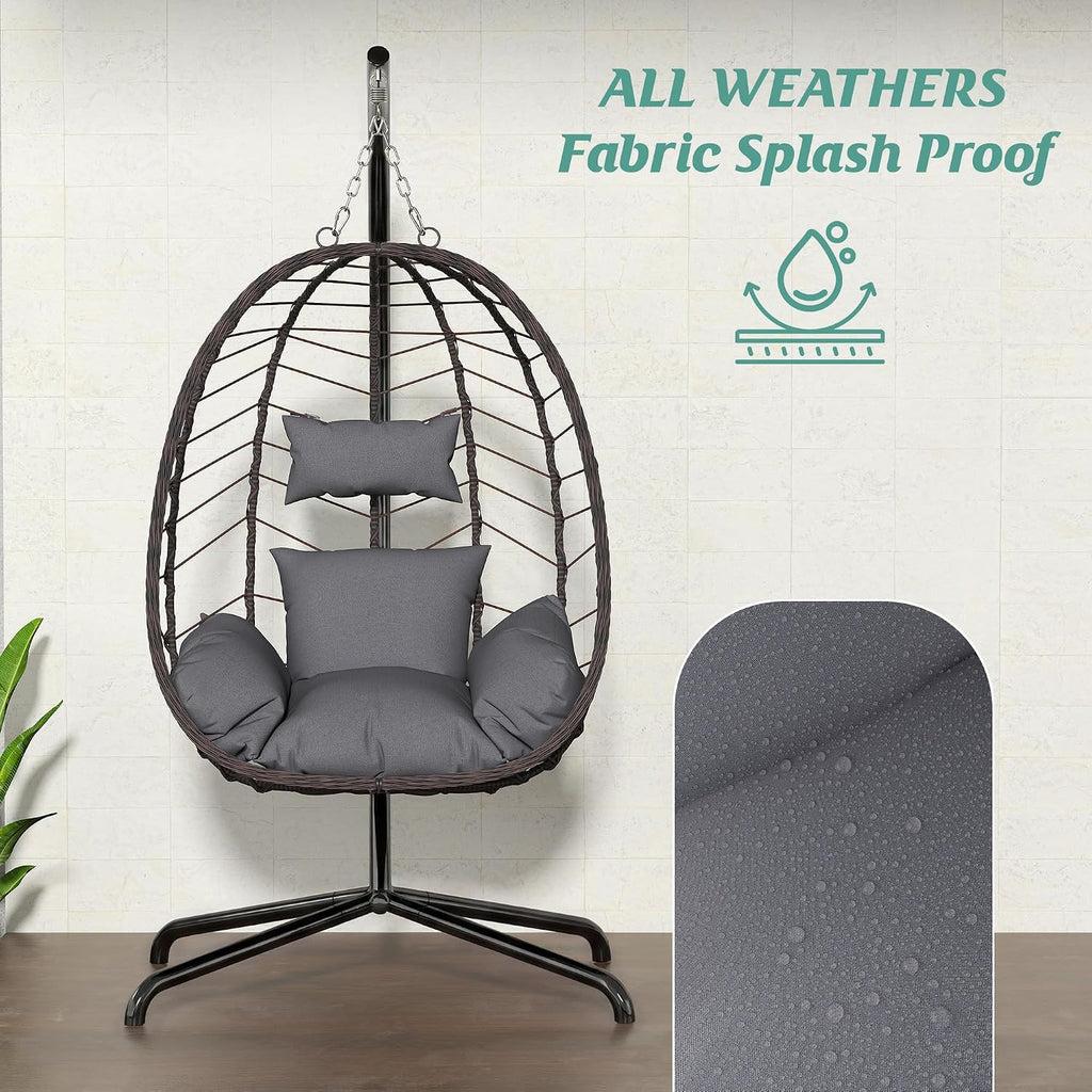 LEX CRAFT Hanging Egg Chair with Stand, Swinging Egg Chair Outdoor Indoor, Hanging Basket Chair with Cushion, Patio Wicker Hammock Chair 350lbs Capacity for Porch, Balcony, Backyard, Garden (Grey)