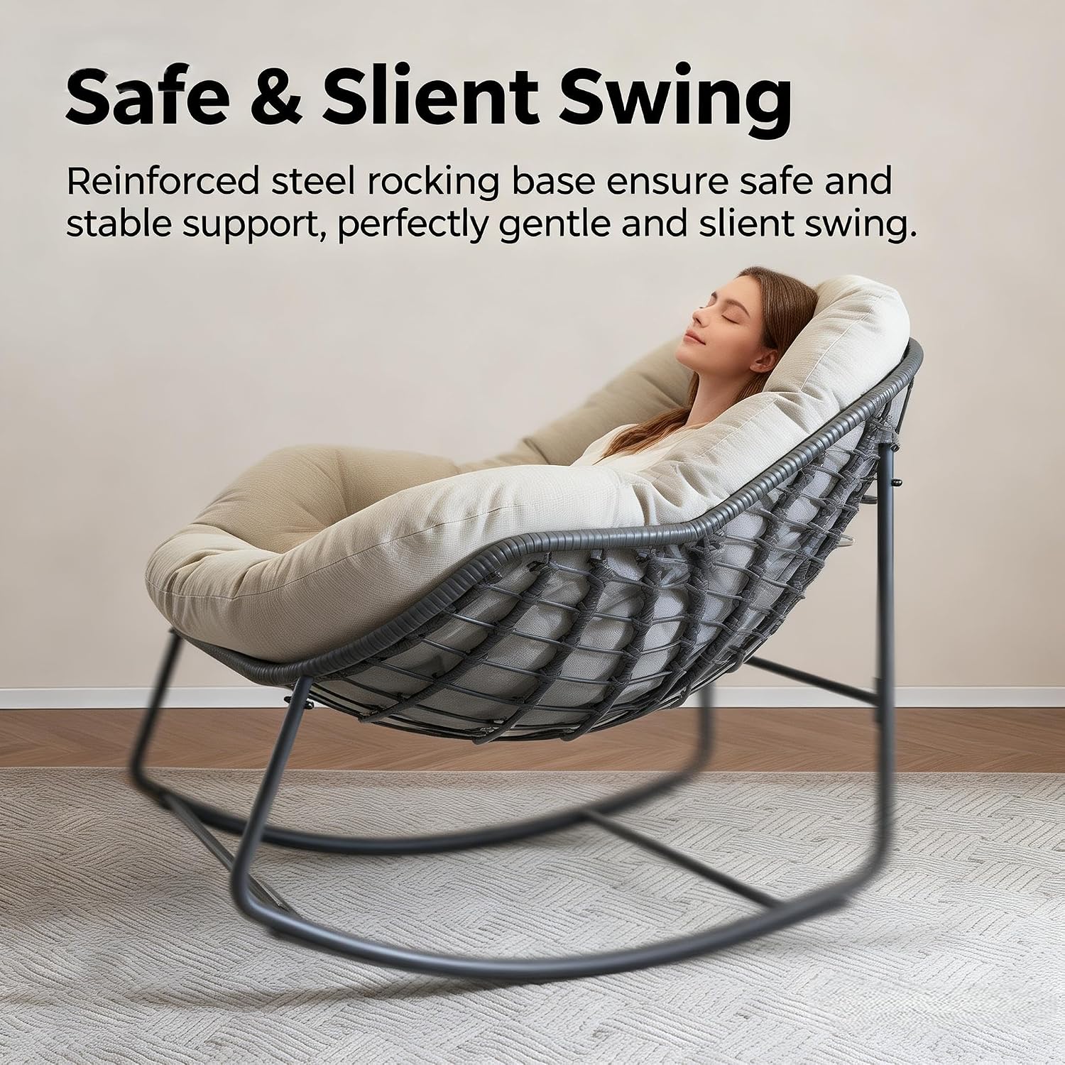 YDcosyfy Oversized Outdoor Papasan Rocking Chair with Soft Cushion, Comfy Patio Egg Chair, Wicker Lounge Rocker for Balcony/Porch/Garden, Reinforced All Weather Rattan Frame, 330 lbs Support, Beige