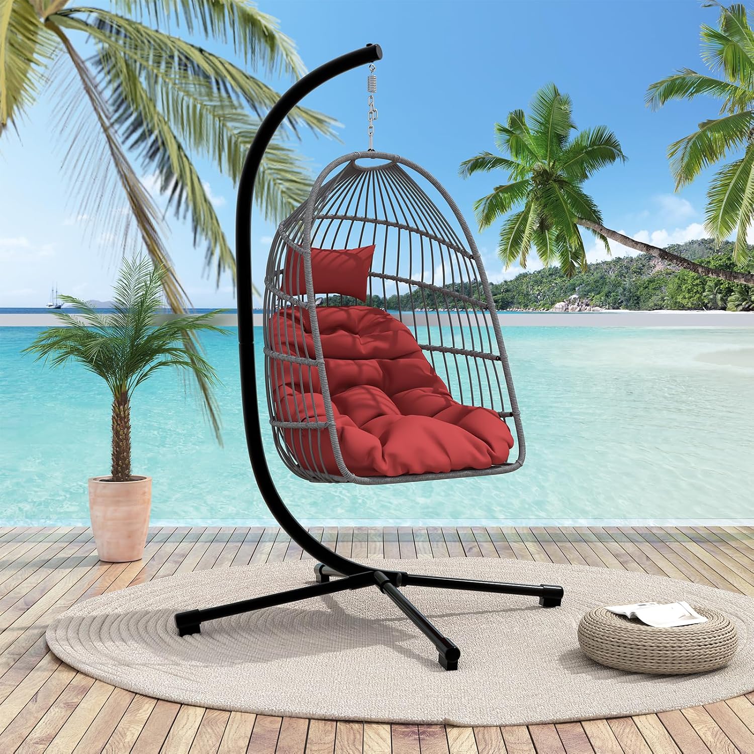 Foldable Hanging Egg Chair with Stand, HDPE Rattan and Heavy Duty Aluminum-Steel Frame, Outdoor Patio Wicker Swing Egg Chair with Headrest and Cushion, 350 Lbs Capacity, Red