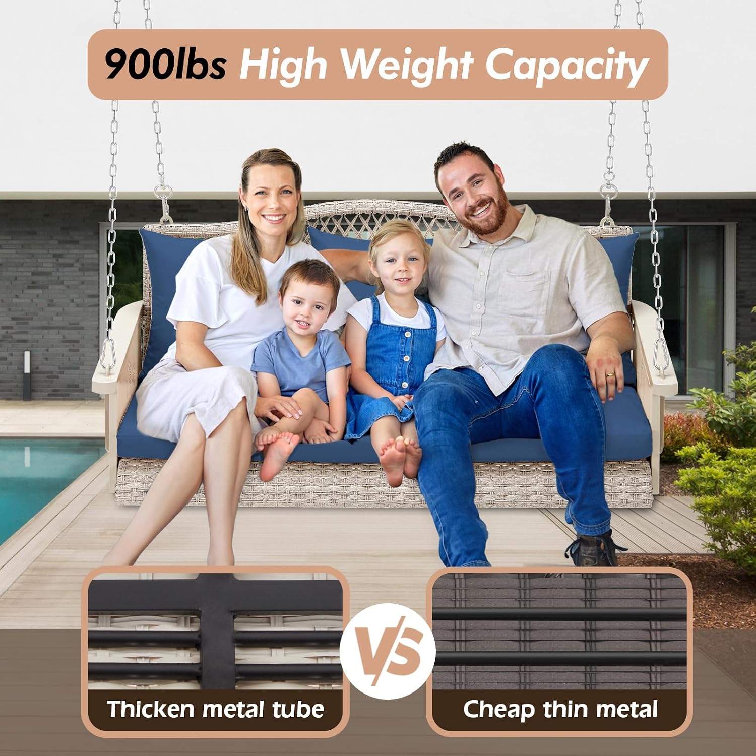 ZZW Upgraded Wicker Hanging Porch Swing Heavy Duty 900 LBS 3-Seat Outdoor Patio Swing Chair Bench for Adult w/ 8.9ft Hanging Chains Cushions and Cup Holder(Grey/Blue)
