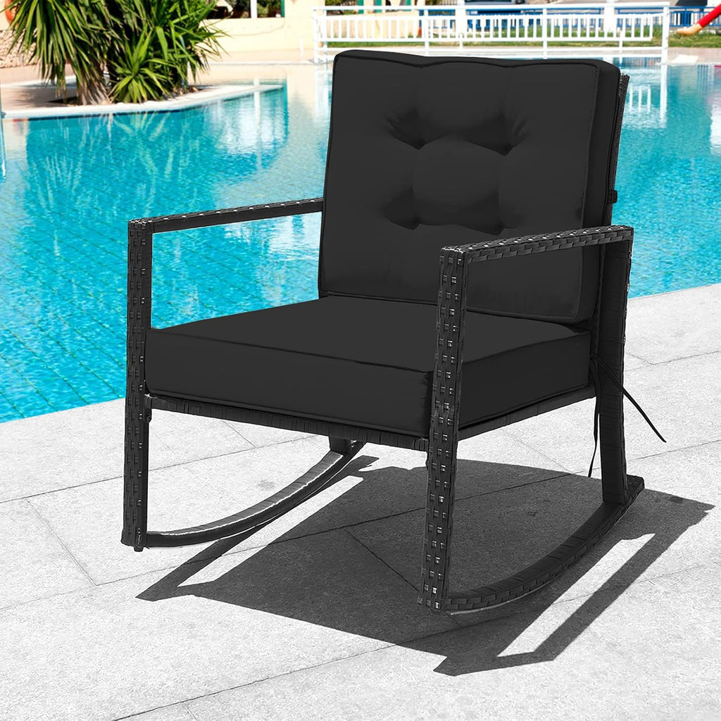 Tangkula Wicker Rocking Chair, Outdoor Glider Rattan Rocker Chair with Heavy-Duty Steel Frame, Patio Wicker Furniture Seat with 5' Thick Cushion for Garden, Porch, Backyard, Poolside (1, Black)