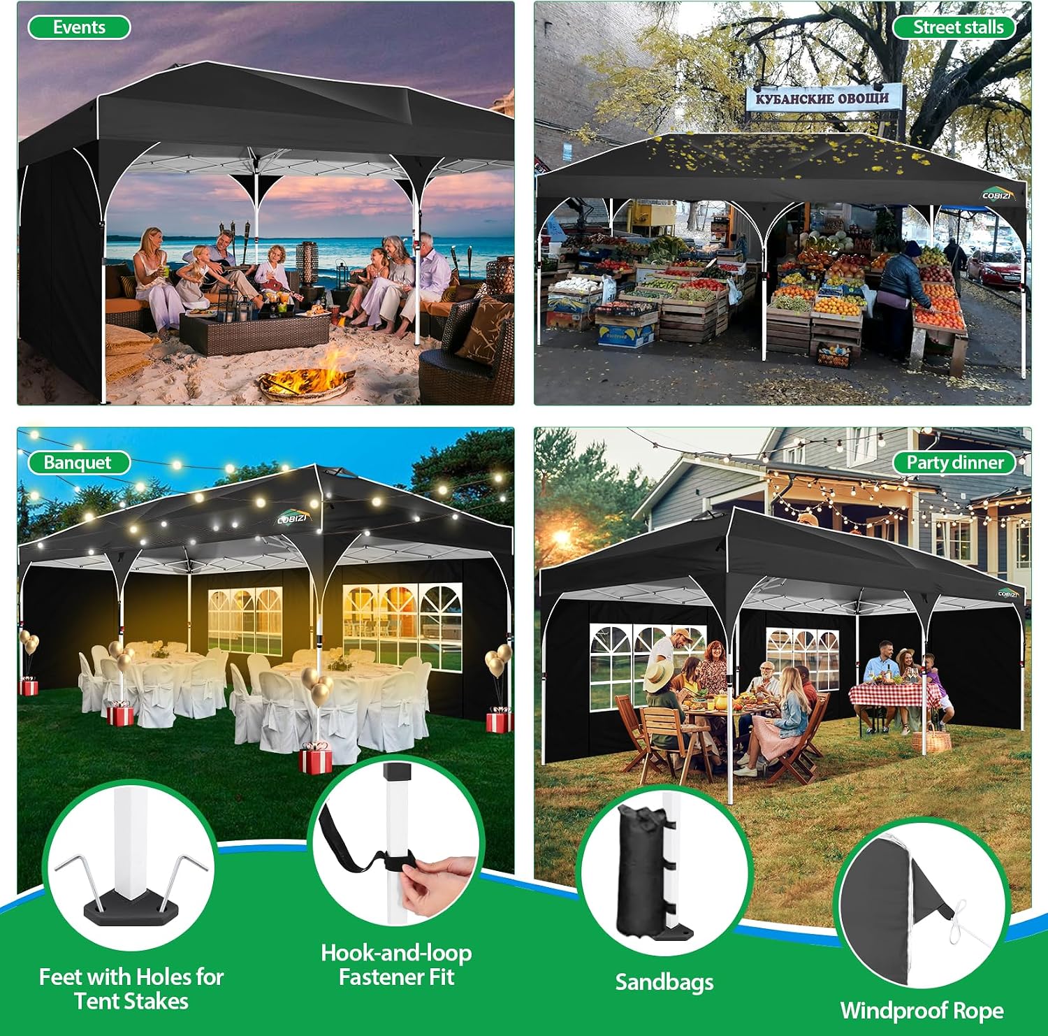 COBIZI 10x20 Pop up Canopy Tent with 4 Sidewalls Outdoor Canopy Tent for Party with Push Center Lock & Air Vent, 2000mm+Waterproof Gazebo Canopy UPF 50+with 4 Sandbags,12 Stakes & 6 Ropes,Black