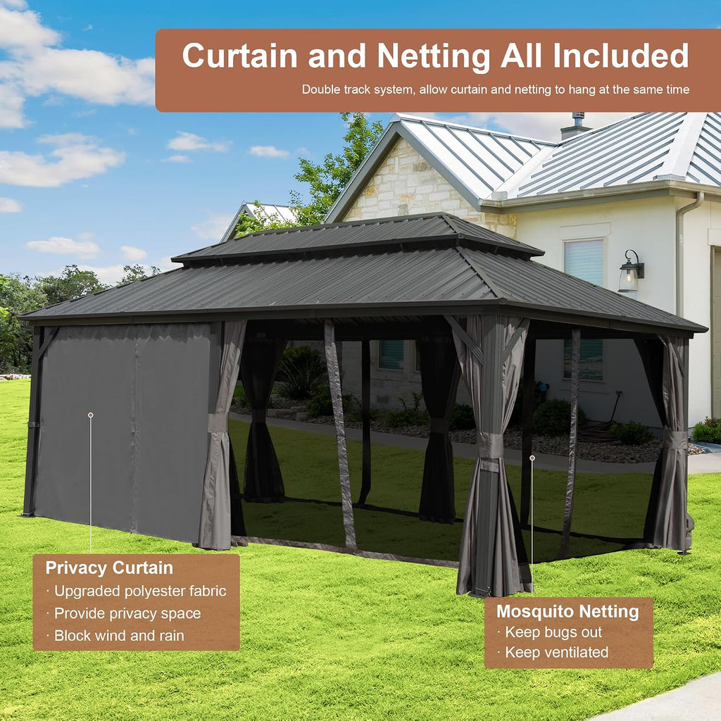 Hardtop Gazebo 12x18FT, Aluminum Outdoor Gazebo with Galvanized Steel Double Roof Canopy, Curtains and Nettings, Metal Gazebo Permanent Pavilion for Patio Wedding, Party, Outdoor Dining, Gray