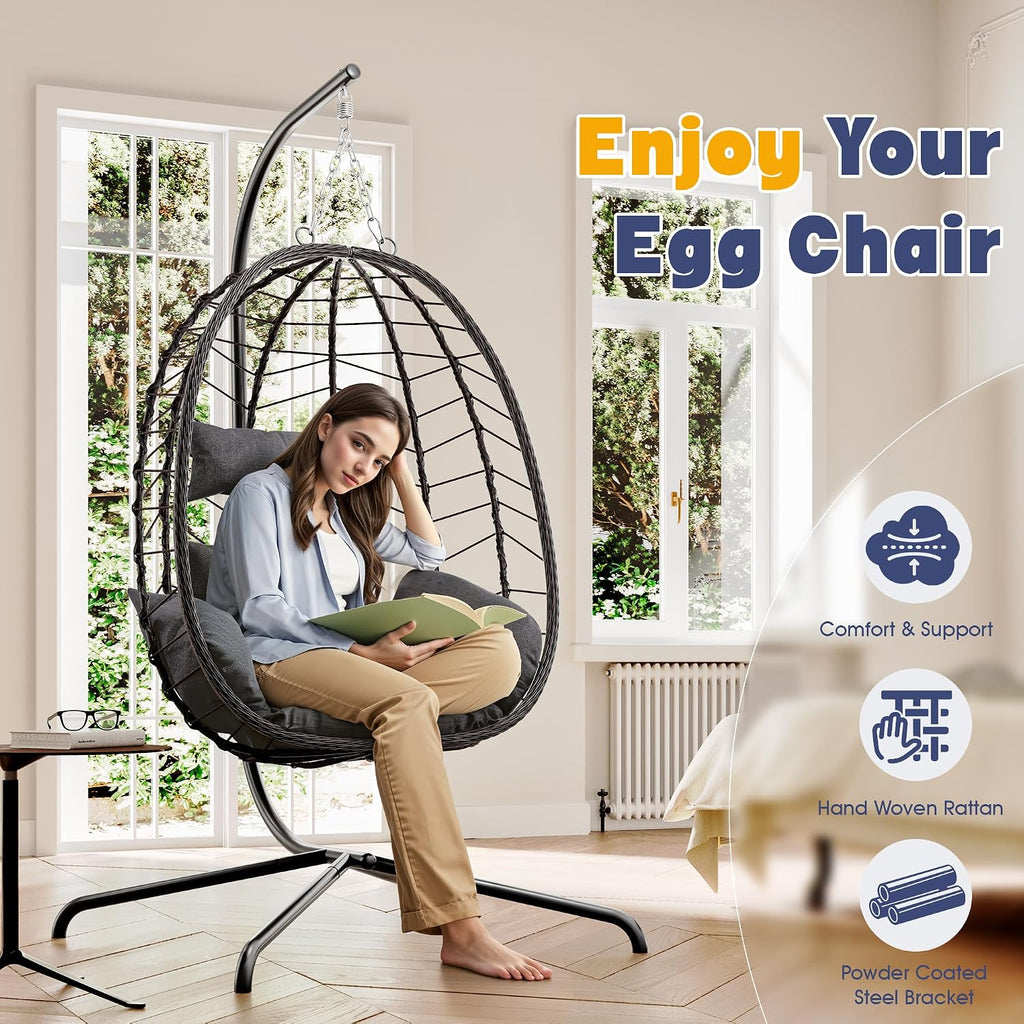 LEX CRAFT Egg Chair with Stand, Patio Wicker Hanging Chair, Hammock Swing Chair, 350LBS Capacity for Bedroom, Balcony, Garden(BR-GR)