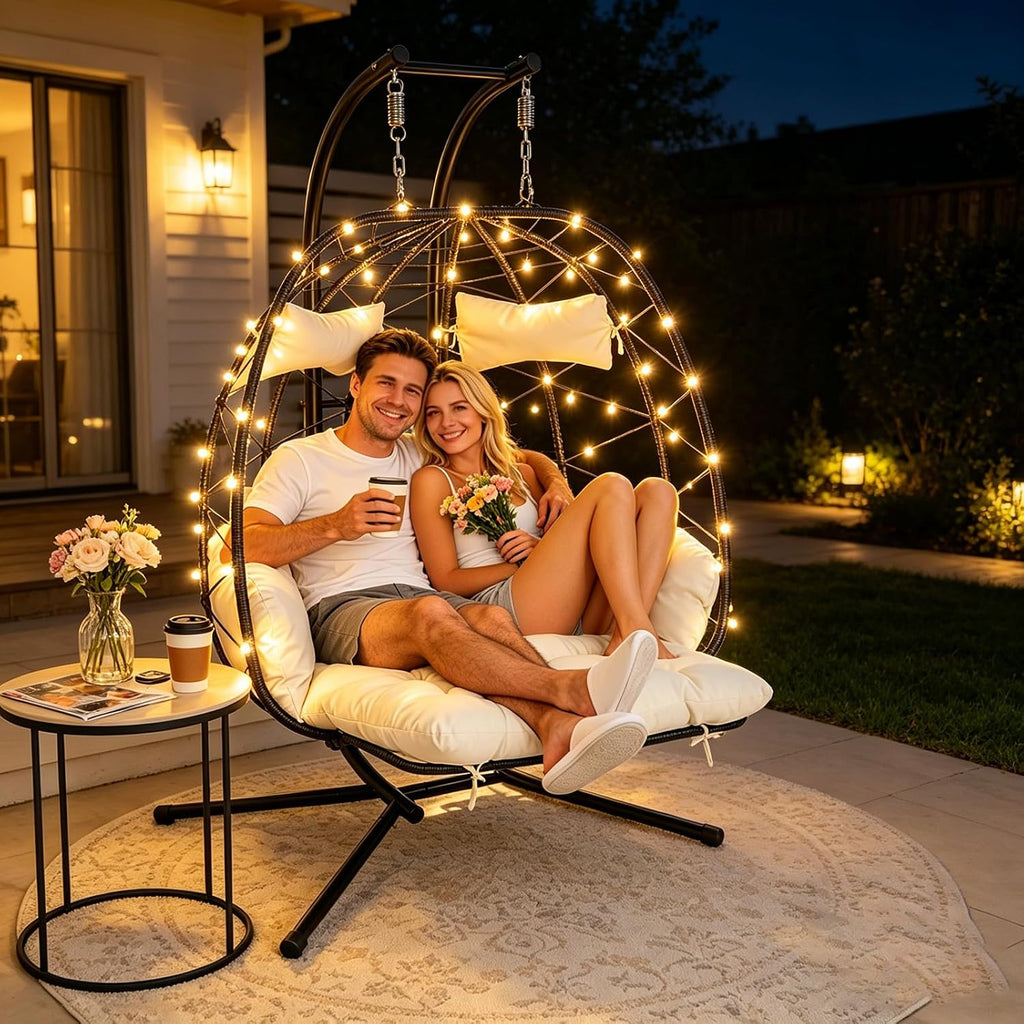 Double Outdoor Egg Chair with Stand, 2 Person Hanging Egg Chair with Adjustable Footrest Outdoor Indoor, Oversized Wicker Egg Swing Chair with Thickened Cushions (Black-White with Light)