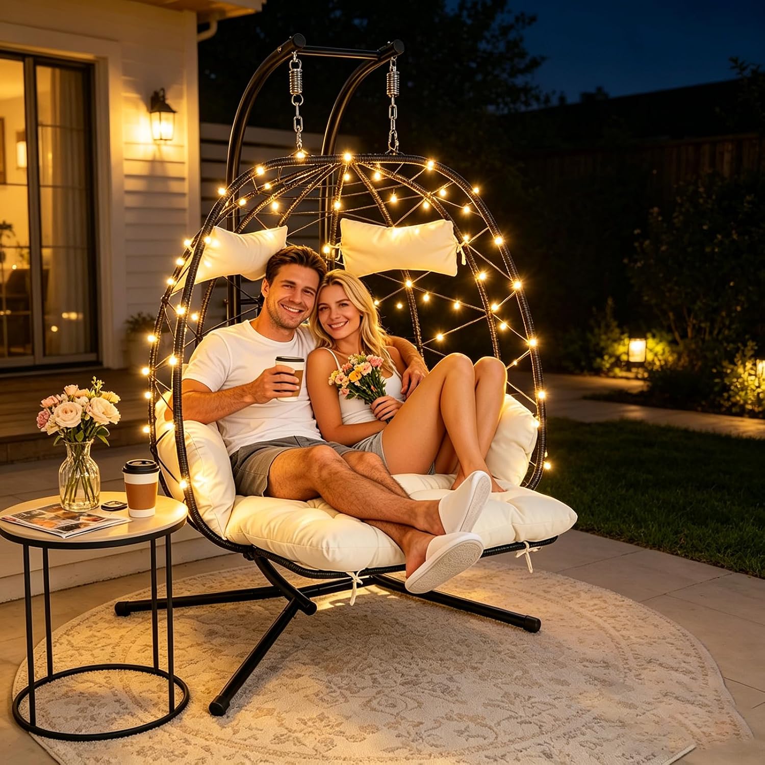 Double Outdoor Egg Chair with Stand, 2 Person Hanging Egg Chair with Adjustable Footrest Outdoor Indoor, Oversized Wicker Egg Swing Chair with Thickened Cushions (Black-White with Light)