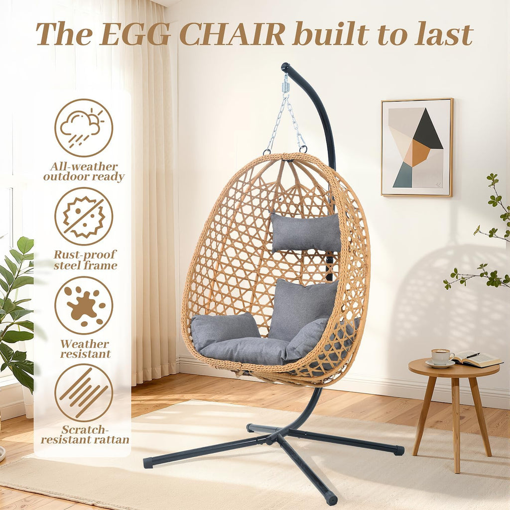EortheX Hanging Egg Chair with Cushions – Comfortable Rattan Swing Chair with Stand for Patio, Garden, or Balcony – Stylish and Relaxing Outdoor Lounge Chair, 350LBS Capacity Indoor Outdoor (Grey)