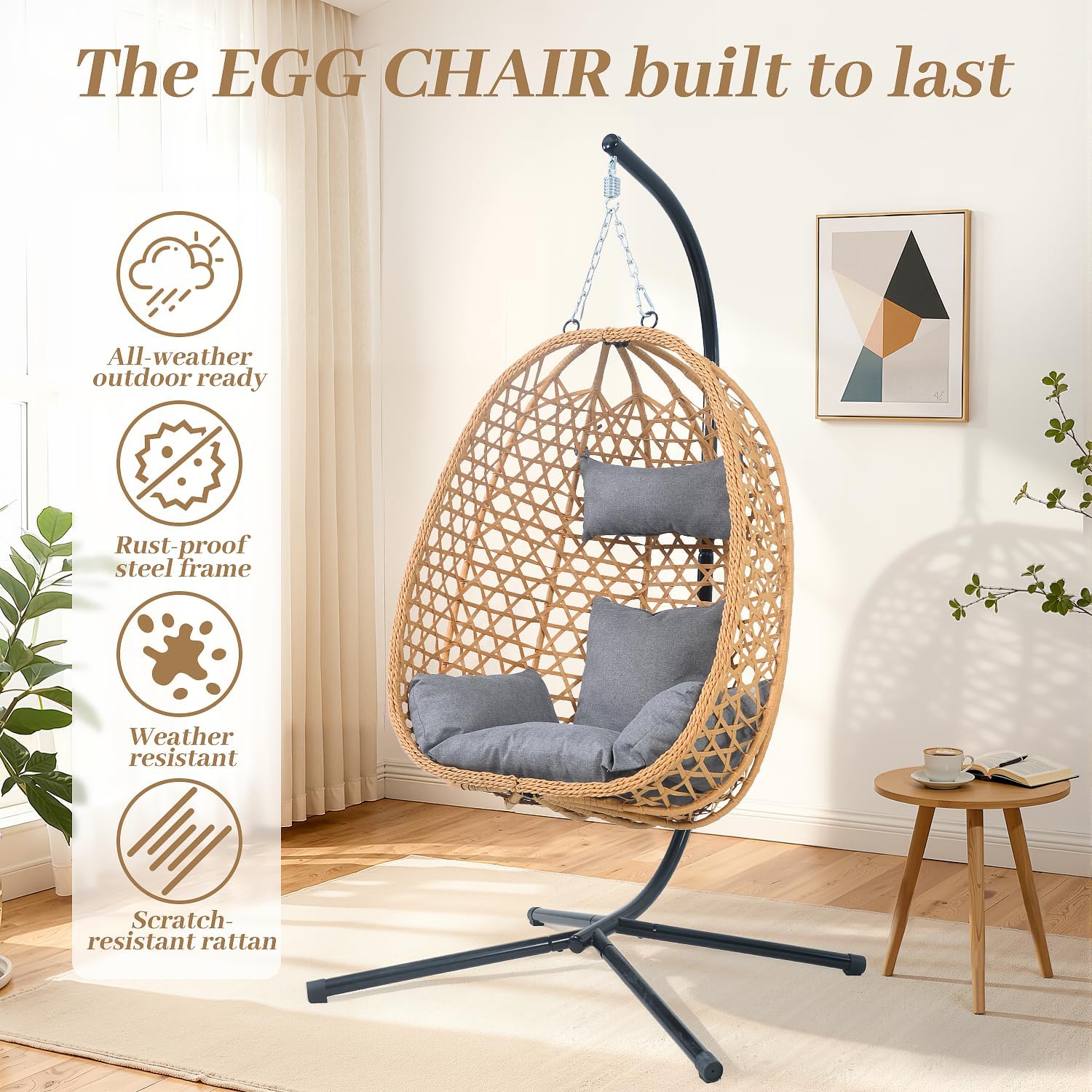 EortheX Hanging Egg Chair with Cushions – Comfortable Rattan Swing Chair with Stand for Patio, Garden, or Balcony – Stylish and Relaxing Outdoor Lounge Chair, 350LBS Capacity Indoor Outdoor (Grey)