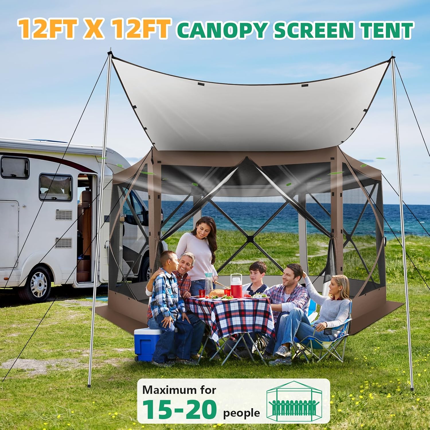 COBIZI Pop Up Gazebo Screen Tent Screen House for Camping, 12x12 Screen Room with Mosquito Netting, Hub Tent Instant Screened Canopy with Carrying Bag and Ground Stakes, Brown