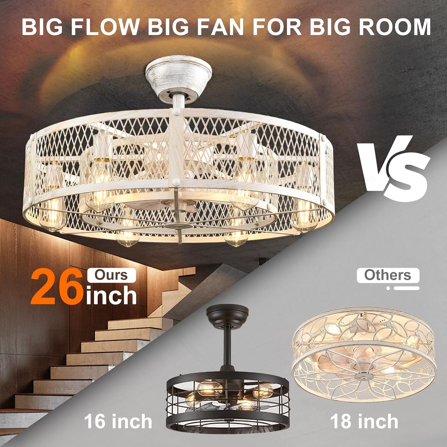 Depuley Outdoor Ceiling Fan with Light: 26' Caged Ceiling Fans with Remote Control for Patio Kitchen Bedroom - Farmhouse Fandelier Flush Mount Lights Fixture Reversible 6 Speed Timer Cement