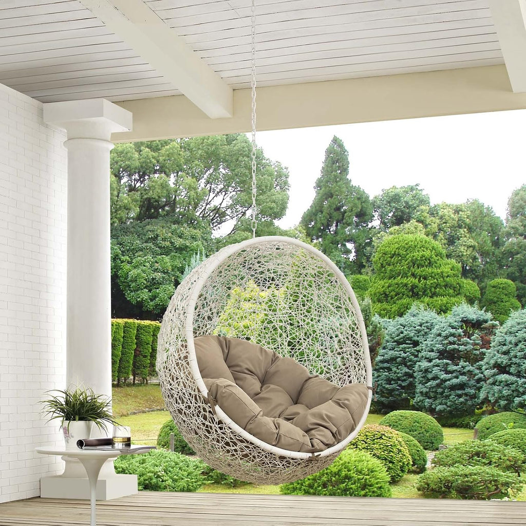 Modway Hide Wicker Rattan Outdoor Patio Swing Chair with Hanging Steel Chain in White Mocha