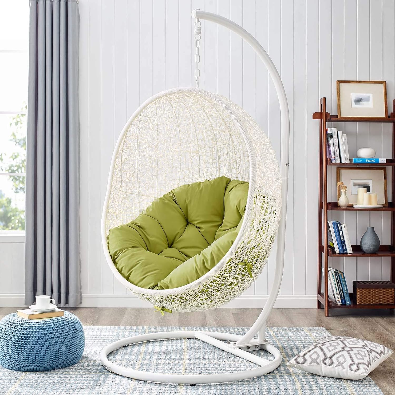 Modway Hide Wicker Rattan Outdoor Patio Porch Lounge Egg Swing Chair Set with Stand in White Peridot