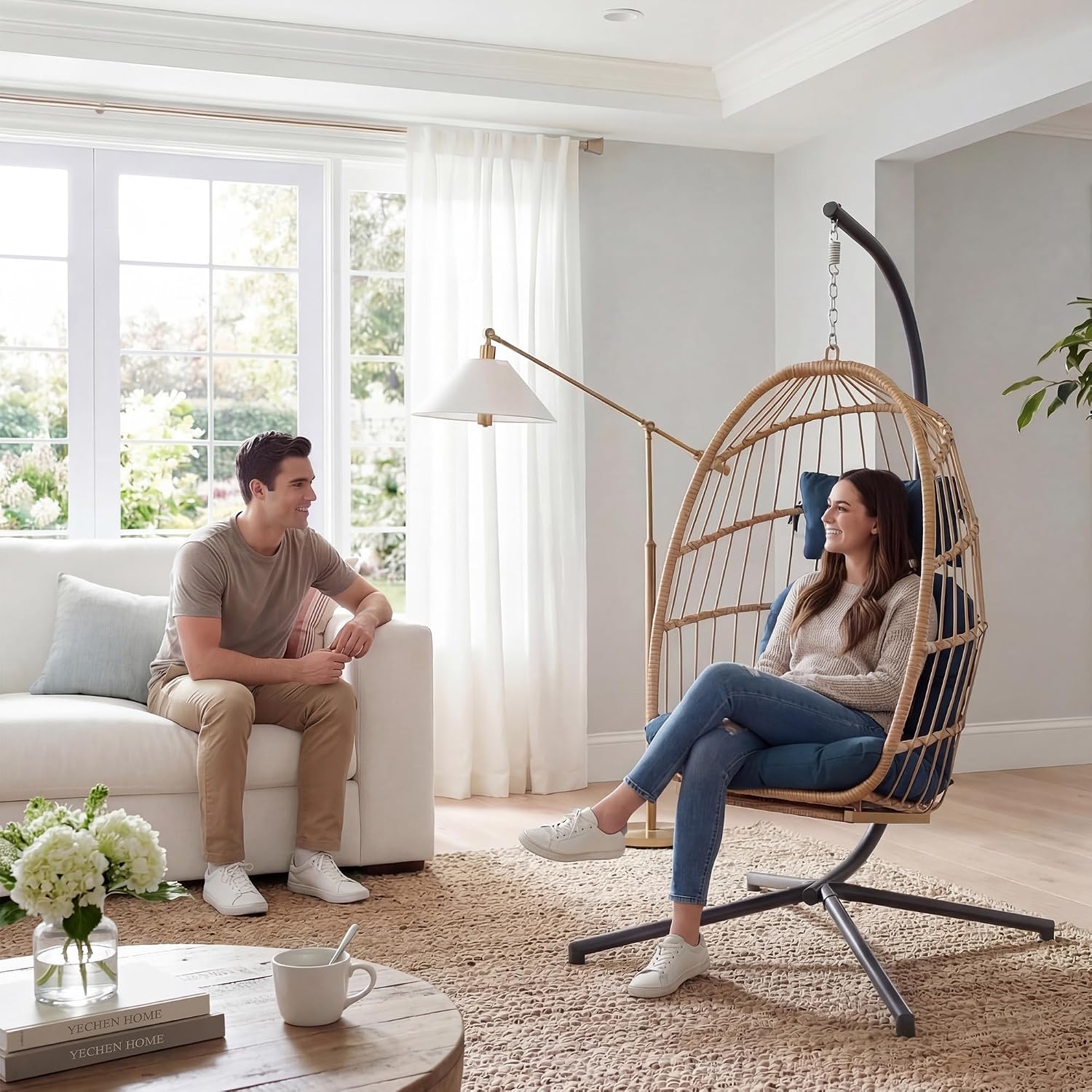 Yechen Hanging Egg Chair with Stand & Footrest, Foldable Wicker Rattan Swing Chair for Indoor Outdoor, Patio Hammock Chair with UV-Resistant Cushion, 350 lbs Capacity for Bedroom Porch Garden