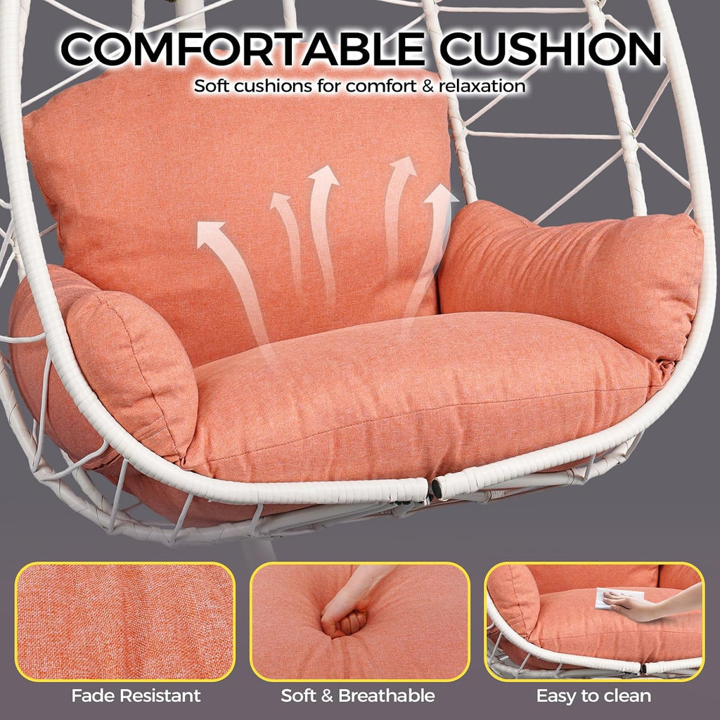 Egg Chair with Stand, Wicker Hanging Chair for Outdoor Patio, Cushioned Hammock Swing for Bedroom Garden Indoor/Outdoor, Double-Zipper Structure Hanging Egg Chair (White and Orange-red)