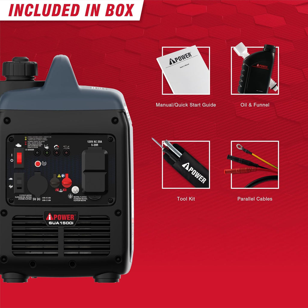 A-iPower 1500 Watt Quiet Portable Inverter Generator Gas Powered, Small Ultra Lightweight Quiet Generator for Camping, Tailgating, Home Backup, Emergency, EPA & CARB Compliant, CO Sensor (SUA1500i)