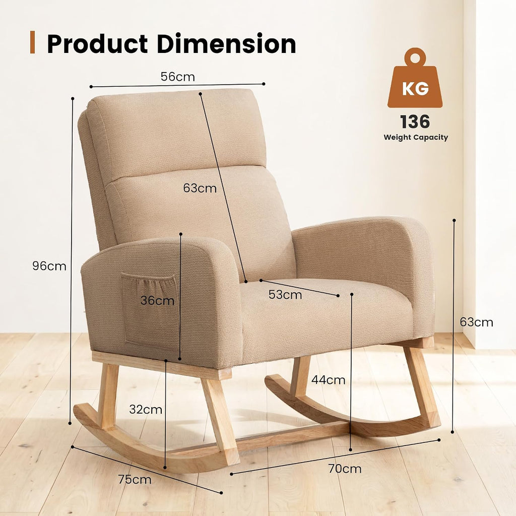 Rocking Chair Nursery, Nursery Rocker Chairs for Mom with High Backrest and Solid Wood Legs, Modern Glider Chairs for Nursing Living Room Bedroom, Khaki
