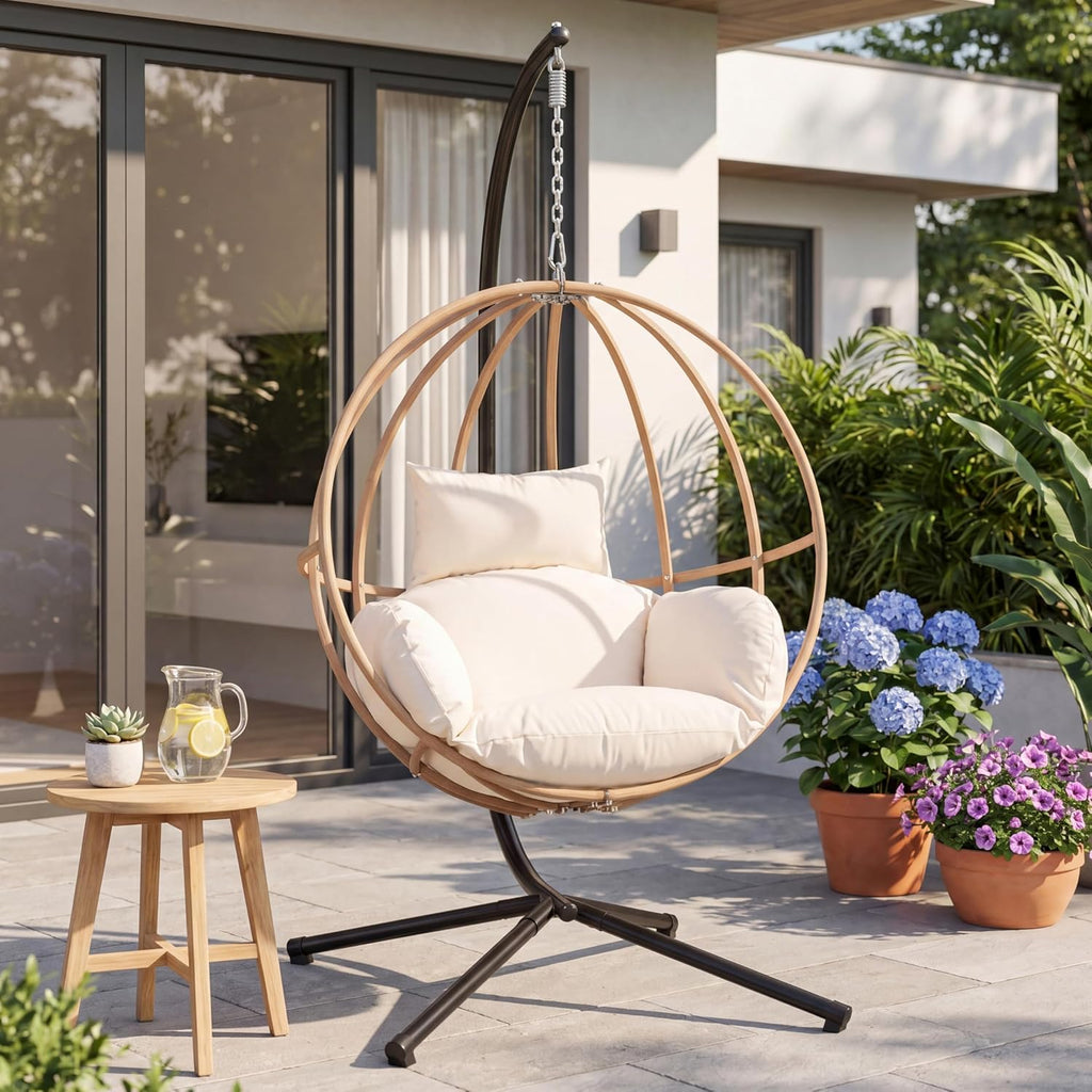 Egg Chair with Stand, Egg Swing Chair with Stand Outdoor, Outdoor Indoor Egg Swing Chair with Cushion Headrest for Patio, Porch, Balcony, Bedroom, Beige