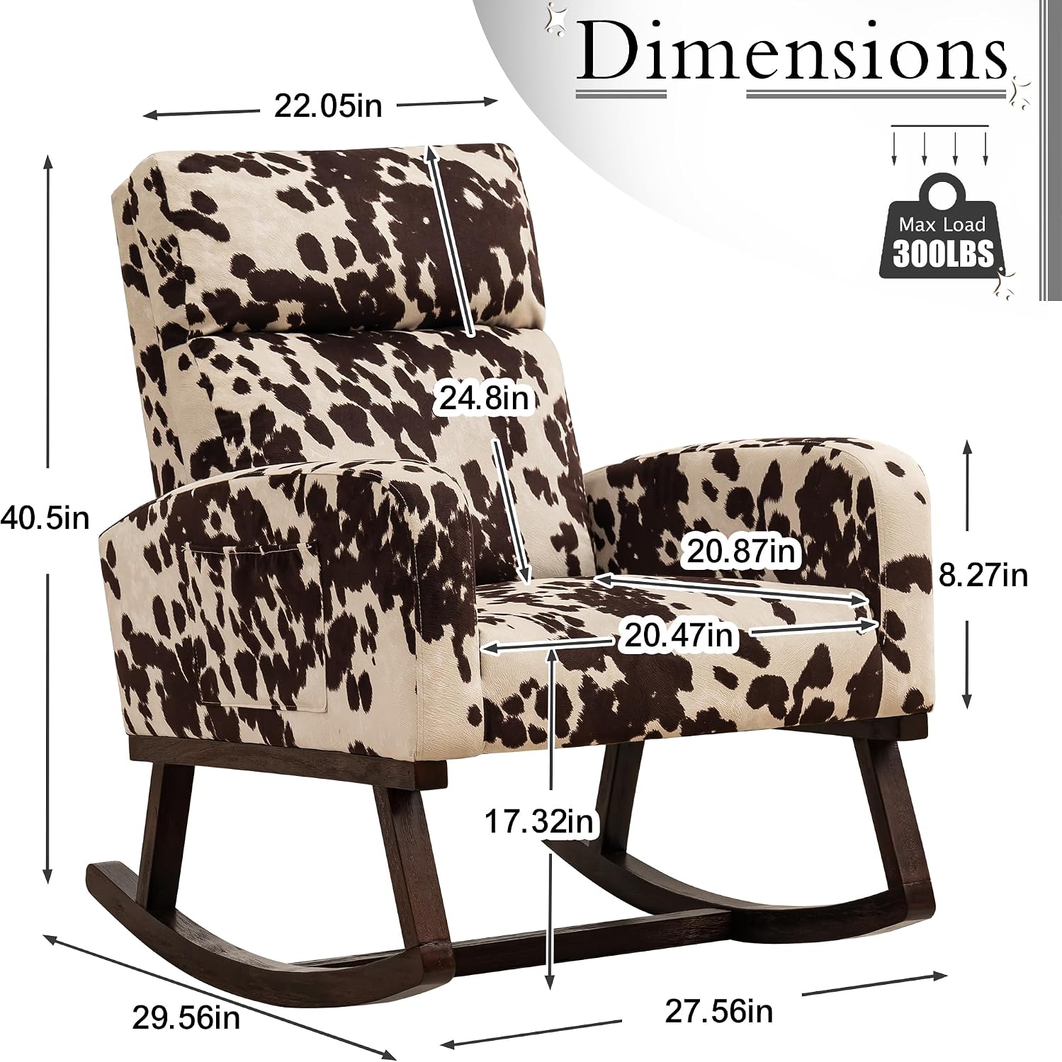 Nursery Rocking Chairs, Cow Printed Fabric Glider Chair Nursery Chair for Mom with High Backrest, Side Pocket and Extended Wood Legs for Bedroom Living Room, Cow