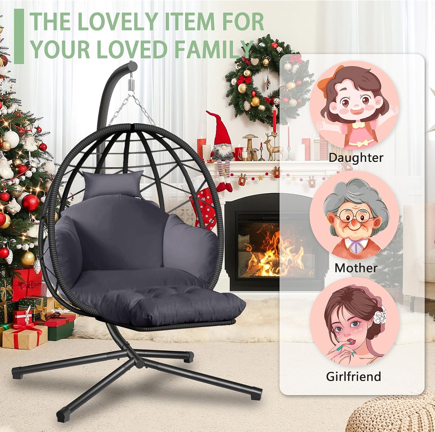 Hanging Egg Chair with Stand and Leg Rest Outdoor Indoor Swing Rattan Wicker with UV Resistant Cushions Gift for Kid Mom Girlfriend use for Bedroom Patio Balcony Nest Chair