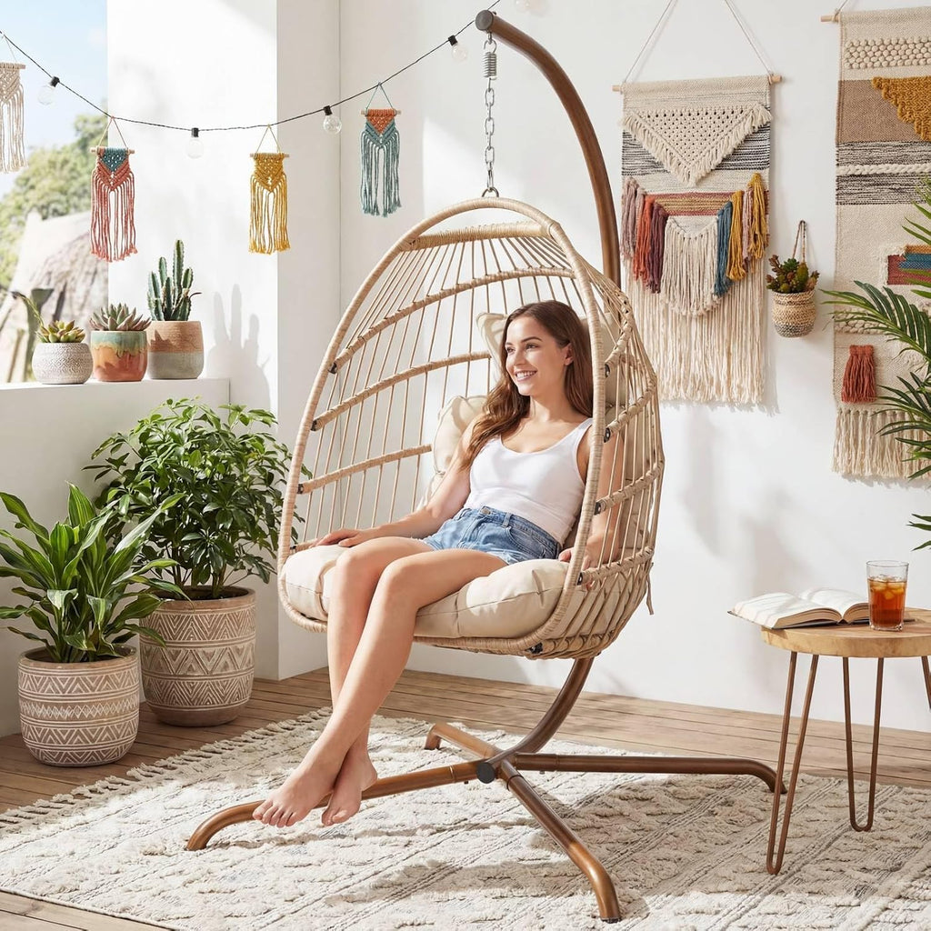 RADIATA Royal Craft Hanging Egg Chair with Stand, All-Weather Wicker Swing Chair with Dome Design and Cushion, 350Lbs Indoor Outdoor Hammock Basket Seat for Bedroom Balcony Patio Porch, Beige