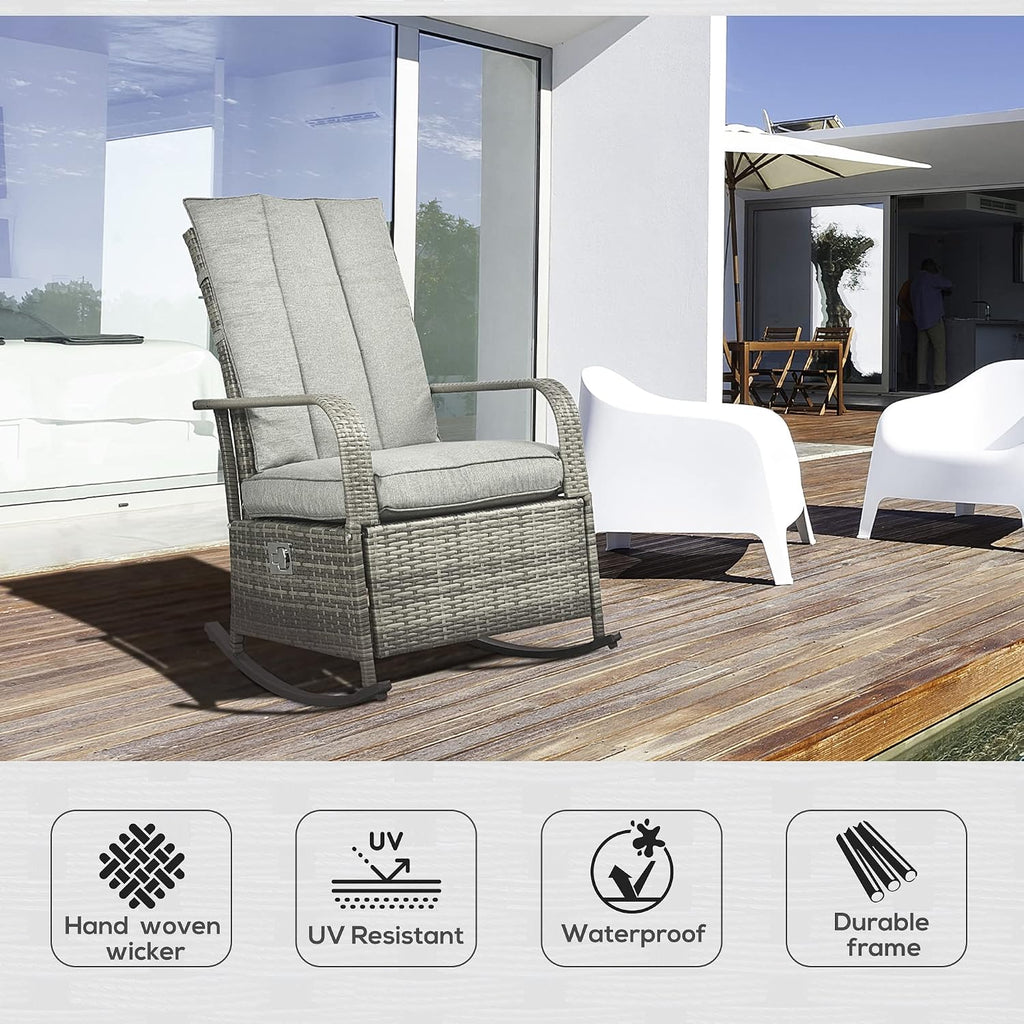 Outsunny Wicker Outdoor Rocking Chair, Patio Recliner with Adjustment Backrest, PE Rattan Lounge Chair with Adjustable Footrest and Cushions for Garden, Backyard, Porch, Gray