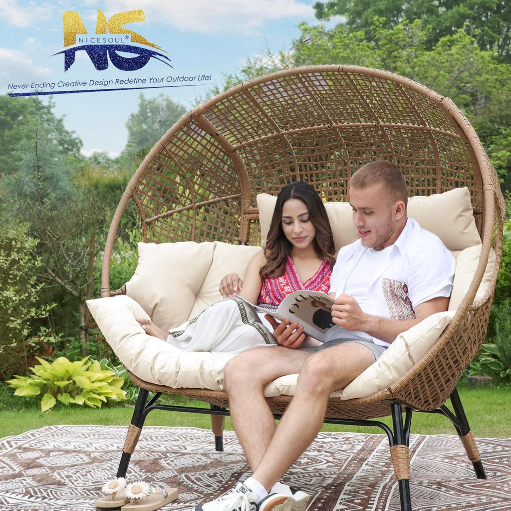 NICESOUL® Double Egg Chair Indoor Outdoor Stationary Oversized Thicken Padded Cushions,2 Person Egg Loveseat Chair, Extra Large Lounge Chair for Patio Balcony Porch Backyard Beige with Cover
