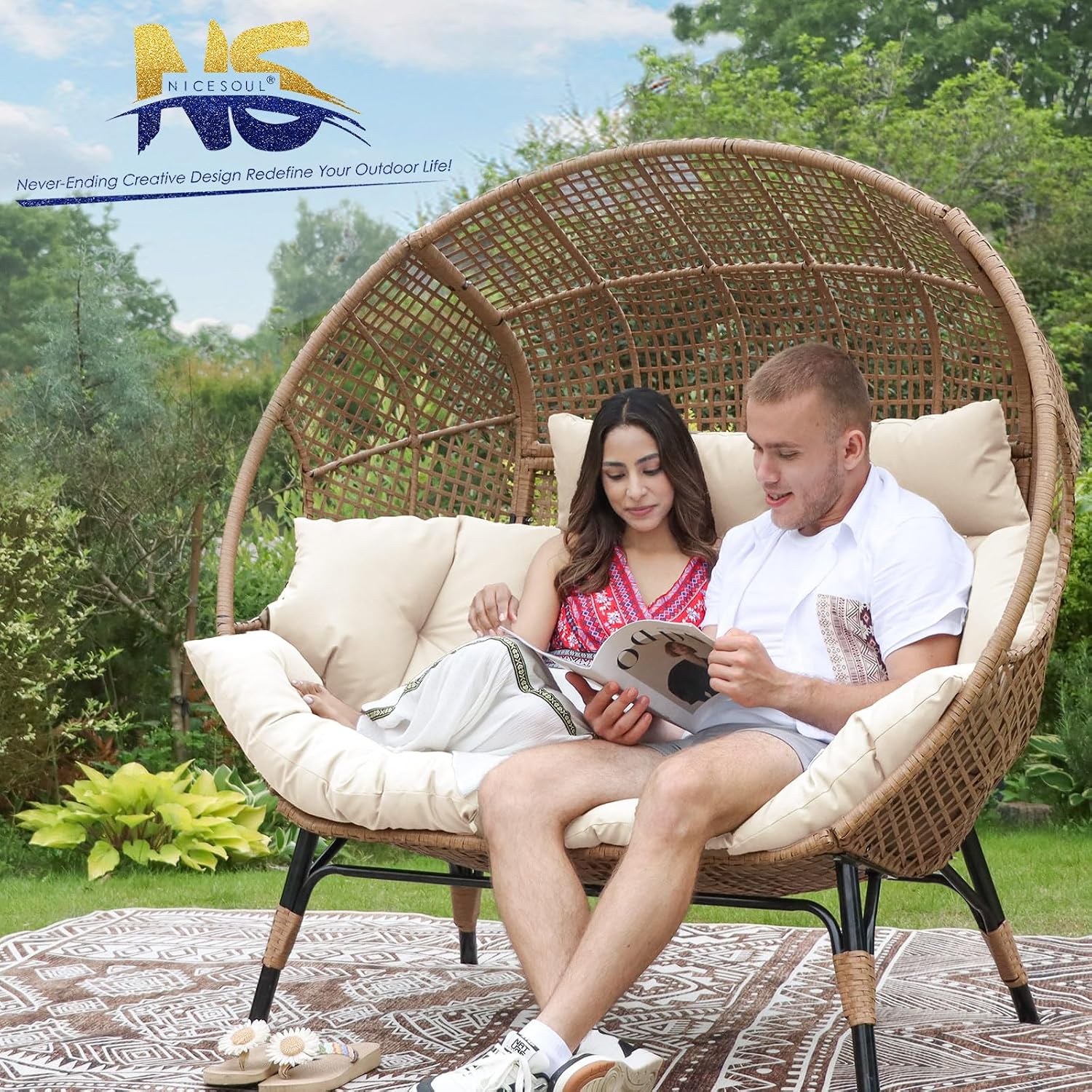 NICESOUL® Double Egg Chair Indoor Outdoor Stationary Oversized Thicken Padded Cushions,2 Person Egg Loveseat Chair, Extra Large Lounge Chair for Patio Balcony Porch Backyard Beige with Cover