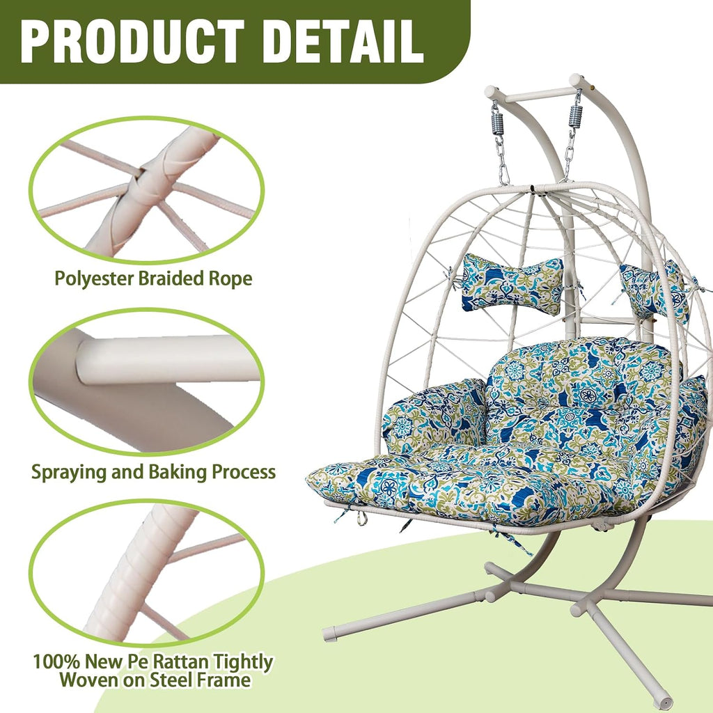 Double Outdoor Egg Chair with Stand, 2 Person Hanging Egg Chair with Adjustable Footrest Outdoor, Oversized Wicker Hammock Swing Chair with Thickened Cushions, 660Lbs (White Frame Patterned Cushion)