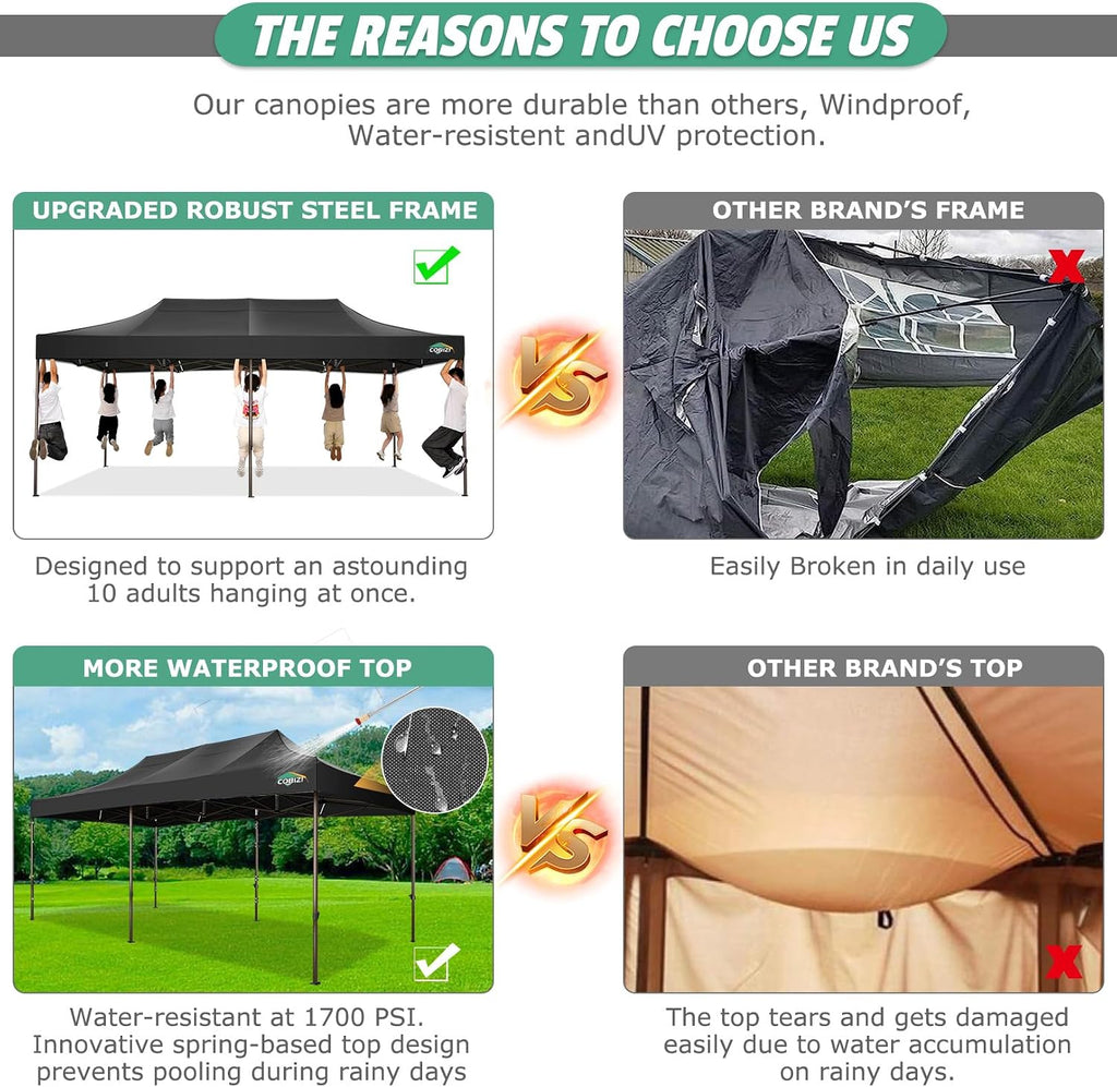 COBIZI 10x20 Pop Up Canopy Heavy Duty Without Sidewalls, Commercial Heavy Duty Pop Up Tent for Parties All Weather Waterproof and UV 50+ Wedding Tent with Roller Bag(Legs Upgraded),Black