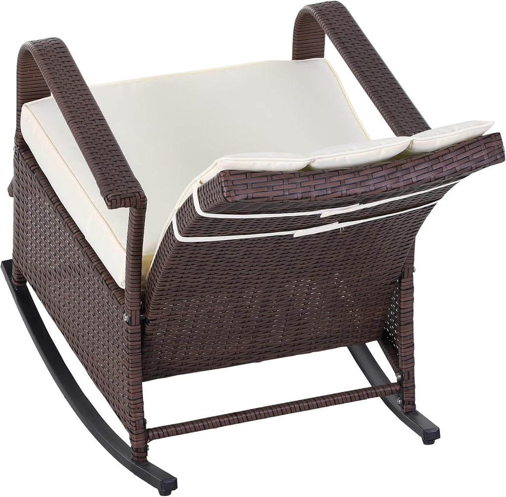 Outsunny Wicker Outdoor Rocking Chair, Patio Recliner with Adjustment Backrest, PE Rattan Lounge Chair with Adjustable Footrest and Cushions for Garden, Backyard, Porch, Beige