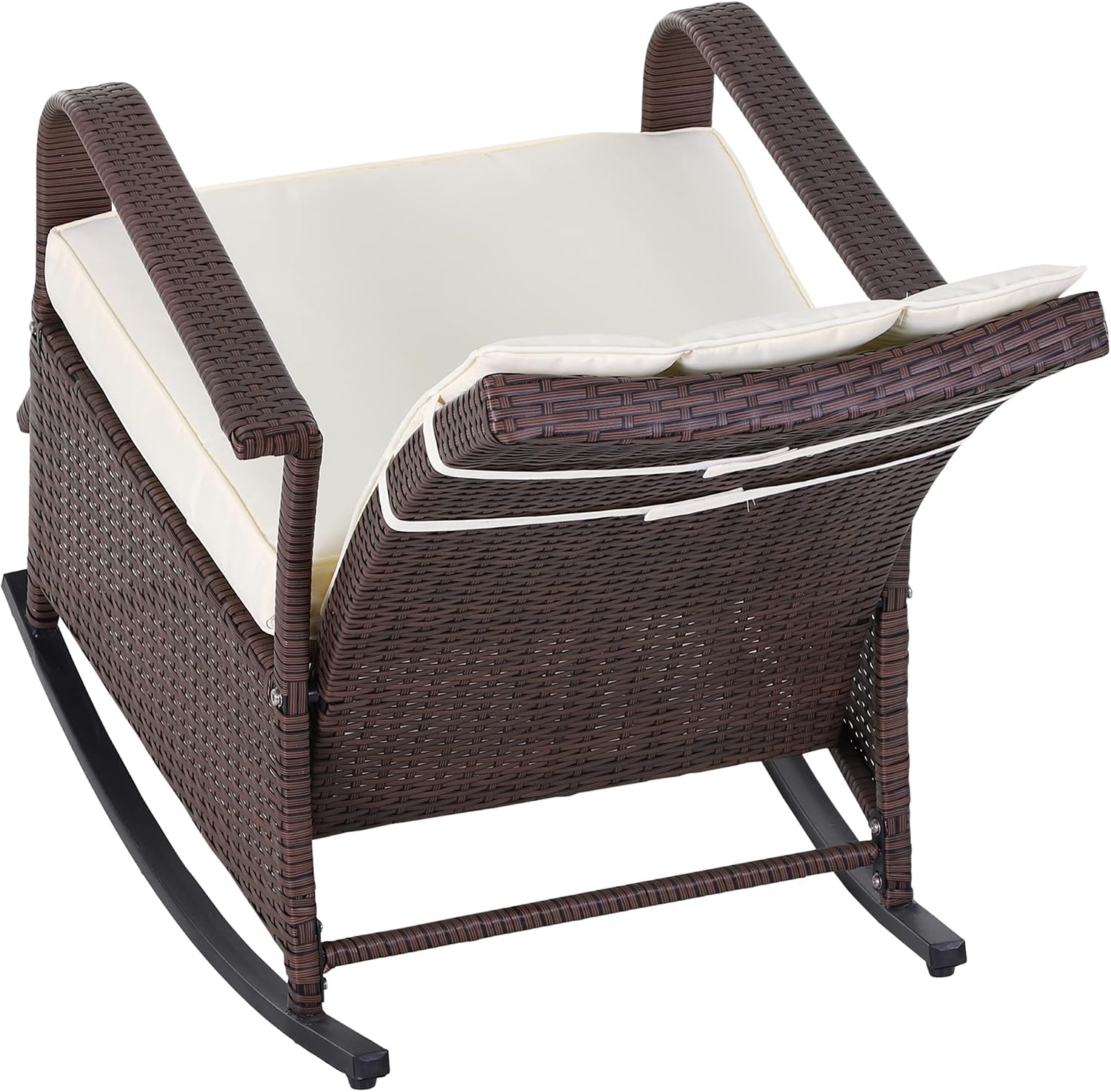 Outsunny Wicker Outdoor Rocking Chair, Patio Recliner with Adjustment Backrest, PE Rattan Lounge Chair with Adjustable Footrest and Cushions for Garden, Backyard, Porch, Beige