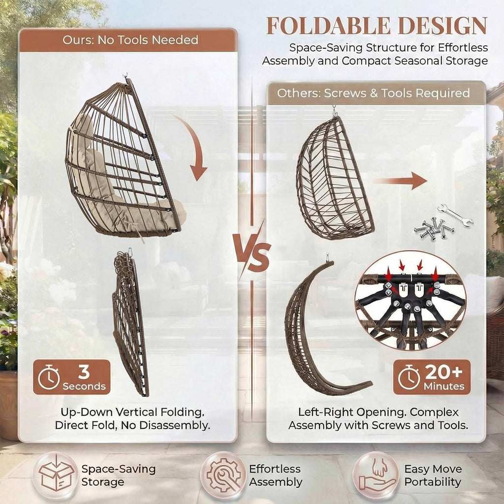 NICESOUL Swing Egg Chair Indoor Outdoor, Patio Wicker Hanging Chair with Stand, All Weather Egg Hammock Chairs with Cushions, 350lbs Durable Birthday Gift Swinging Chair for Backyard Balcony, Brown