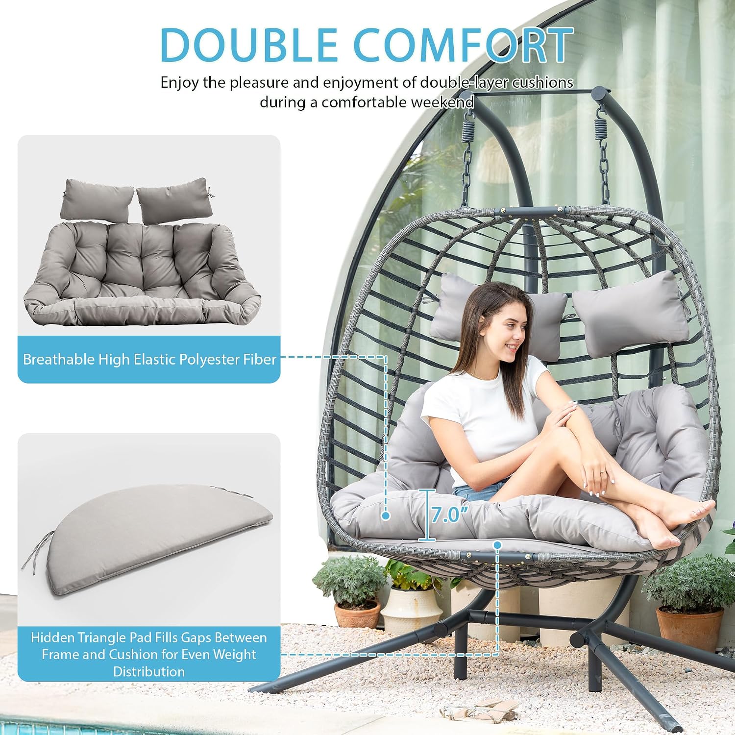 Brafab Double Swing Egg Chair with Stand, Large Hand-Woven Wicker Rattan Hanging Egg Chair for 2 People, Porch Hammock Swing Loveseat with Thick Cushion and Sturdy Steel Stand for Indoor Outdoor