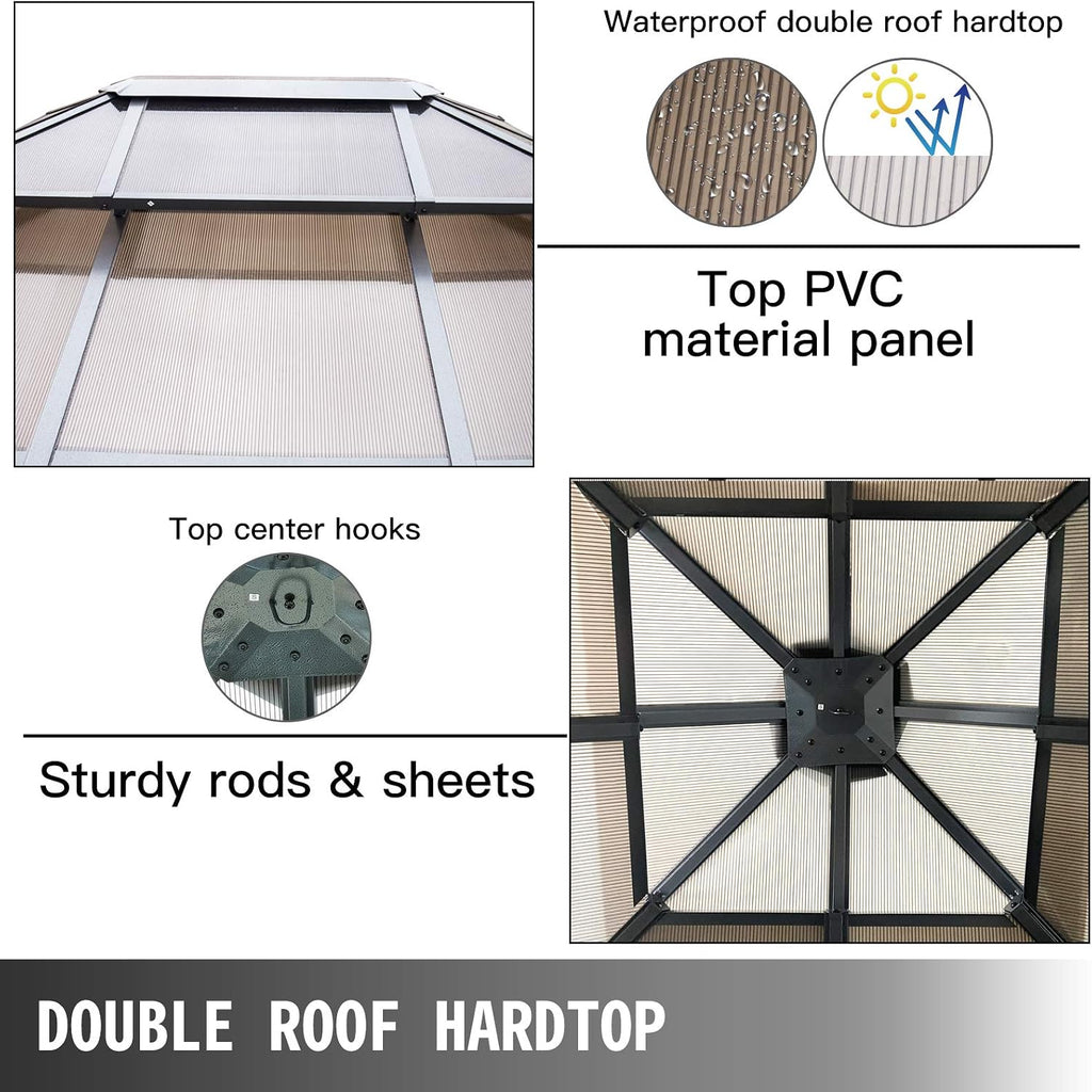 Happybuy Polycarbonate Hardtop Roof Gazebo 10' x 10' with Netting - Metal Gazebo Aluminum Permanent Double Tier Roof- Gazebos for Patios, Backyard, Outdoor and Lawn