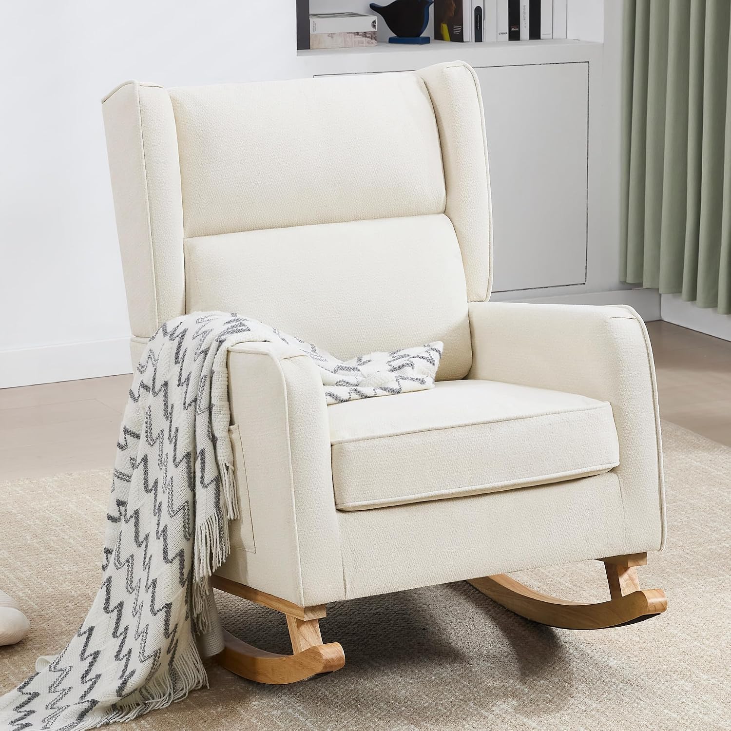 HCHAIRH Nursery Rocking Chairs, Rocking Chair Nursery for Mom Nursery Rocker with High Backrest and Solid Wood Legs, Beige Modern Wingback Accent Chairs for Reading Living Room Bedroom